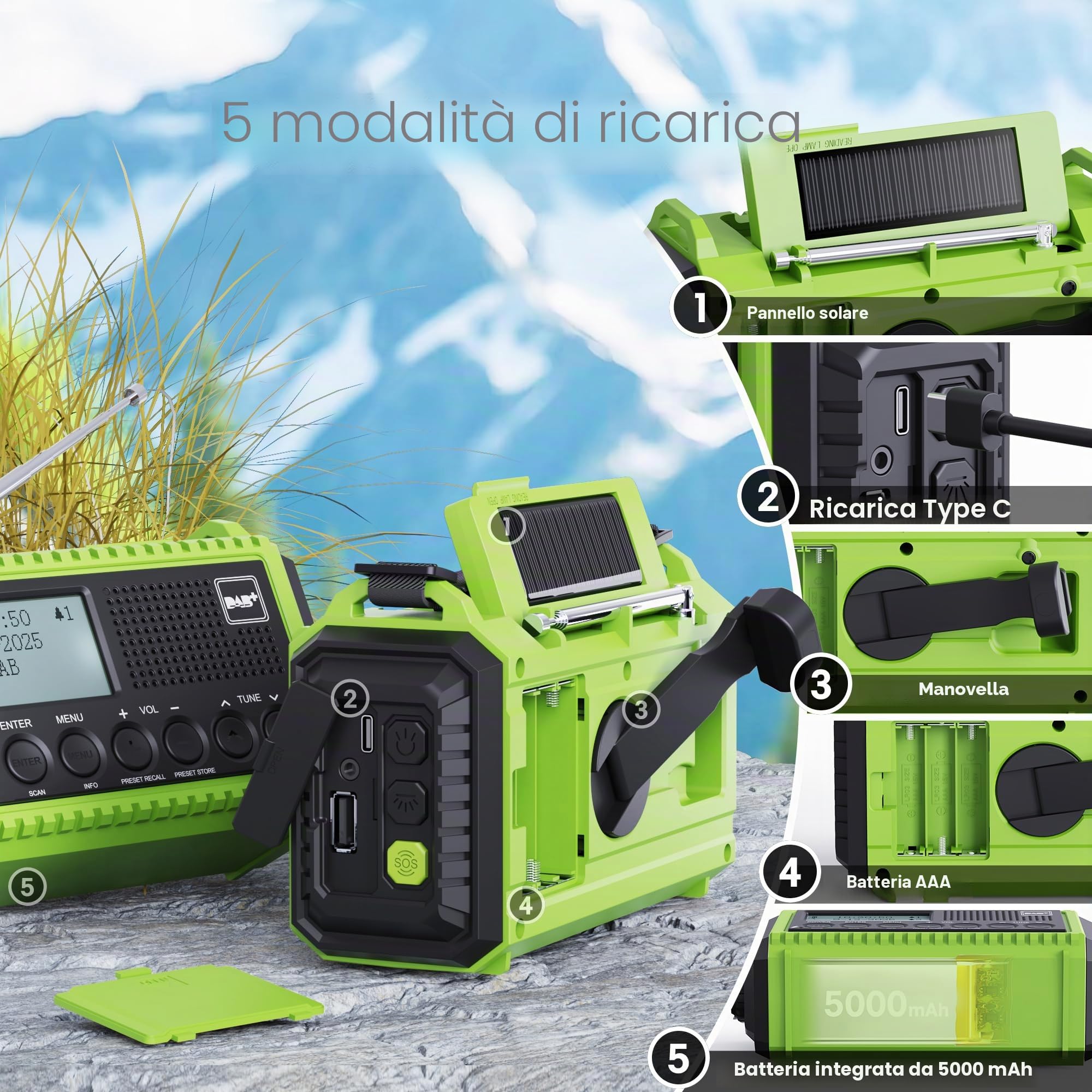 DAB/DAB+/FM radio portatile, Solare Radio a Manovella, Batteria Ricaricabile 5000 mAh, Torcia a LED e Luce di Lettura, Allarme SOS, Impermeabile IPX4, per Escursioni, Campeggio, Emergenza