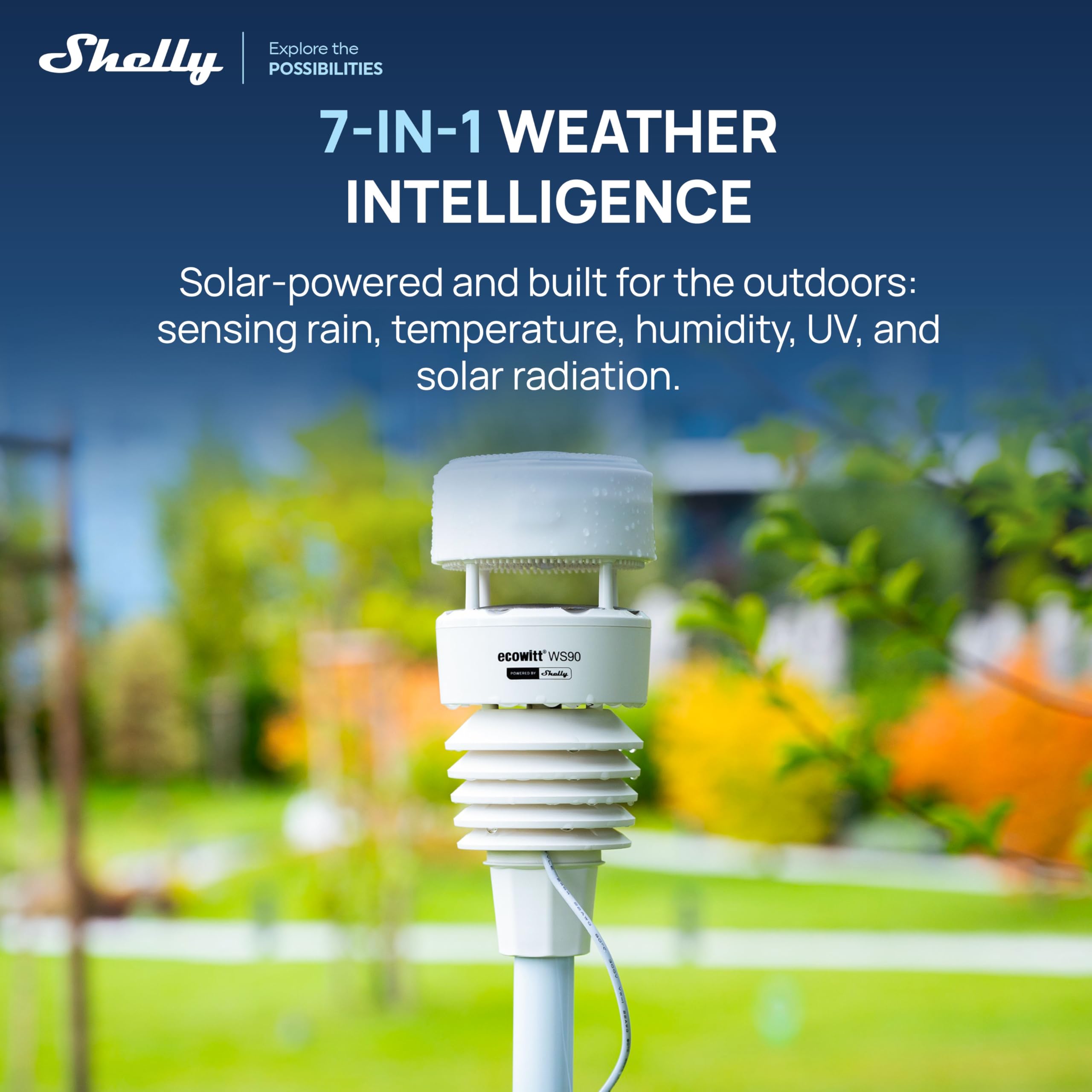 Ecowitt WS90 Powered by Shelly - Bluetooth & Zigbee Stazione Meteorologica Intelligente 7-in-1, UV e Misurazione della Radiazione Solare, Irrigazione e Giardinaggio, Rilevamento Pioggia Aptico, IPX5