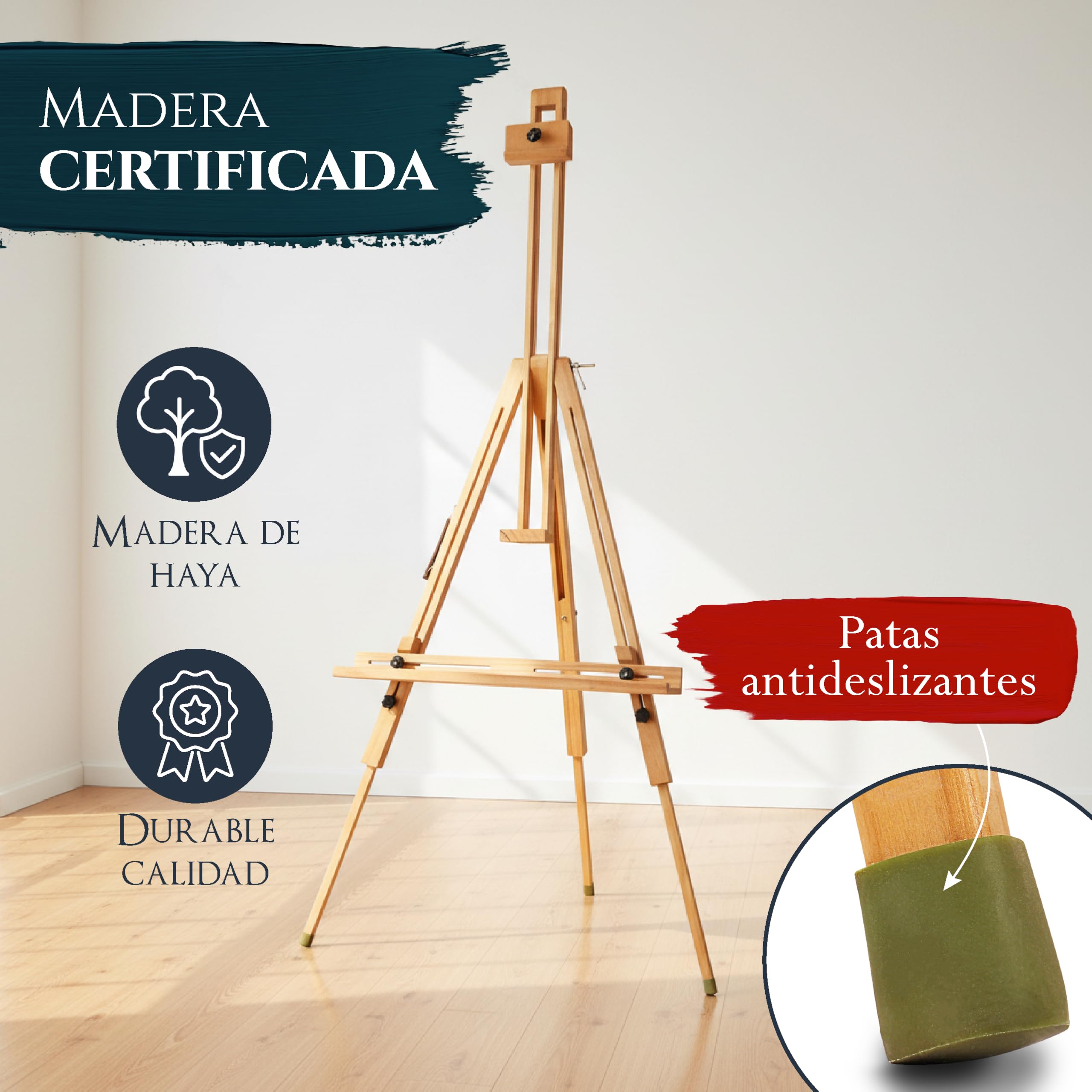 Artina caballete ligero de madera de haya portátil para pintura bastidor | de hasta 80cm ángulo de inclinación ajustable patas de goma antideslizantes de campo atril lienzo pintor St. Tropez