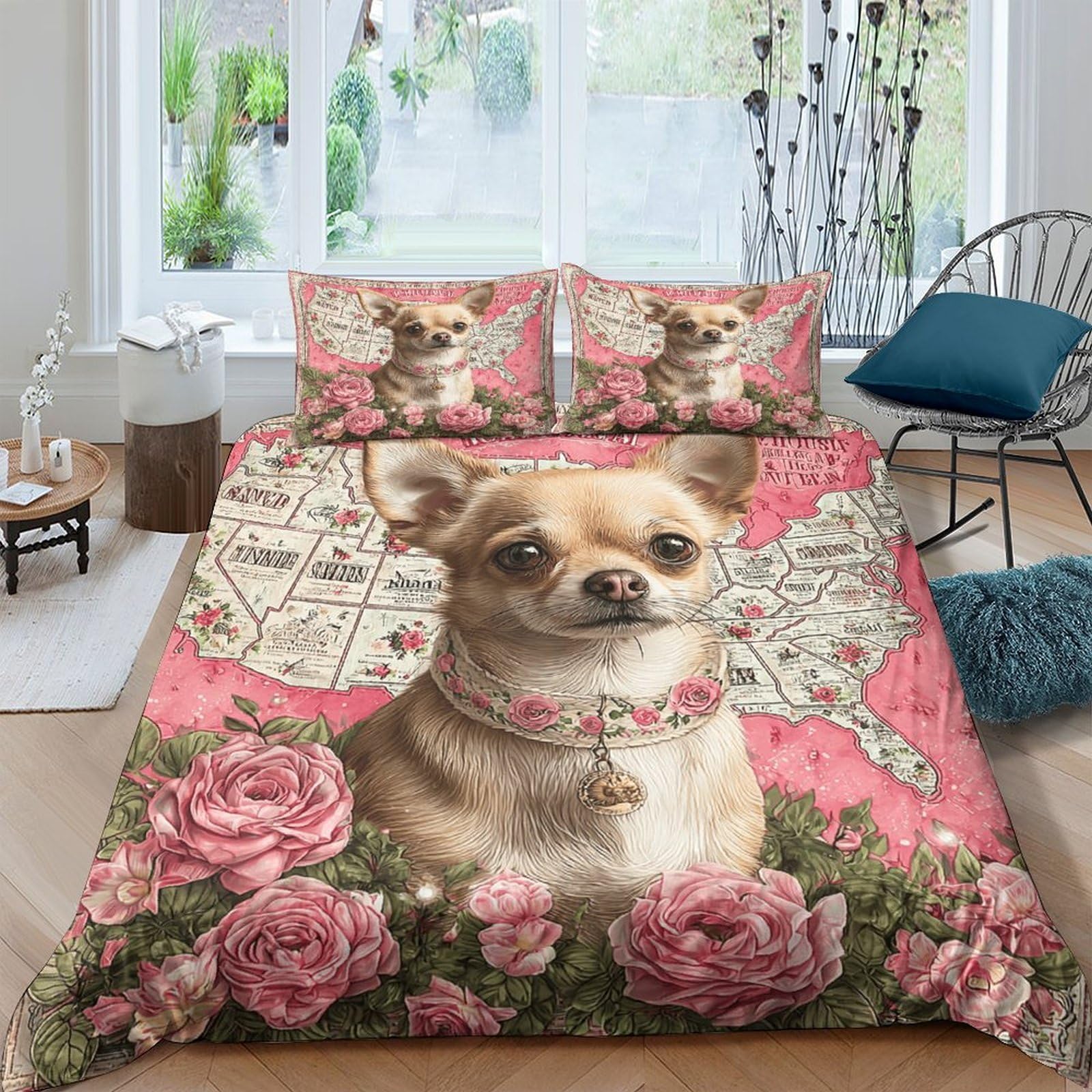Ctjqhvkz Style-6 3D Printed Chihuahua Dog Fitted Sheet Microfiber Pink Roses Mattress Cover Non-Slip Easy Care For Bedroom Guestroom Decor Single（135X200cm）