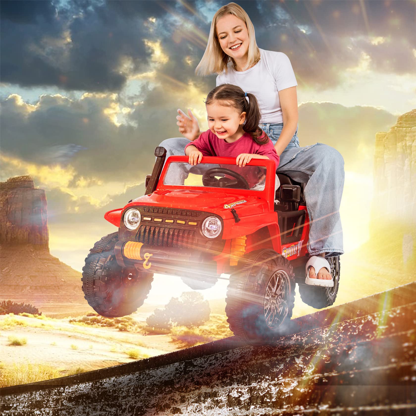 Auto Elettrica per Bambini 12v, Auto Elettrica con Telecomando, modalità Genitore, 3 Posti, USB Bluetooth. Telecomando, Soft Start, Motori 2 * 35w. Clacson, Luce Anteriore. 3-7 Km/H,Red