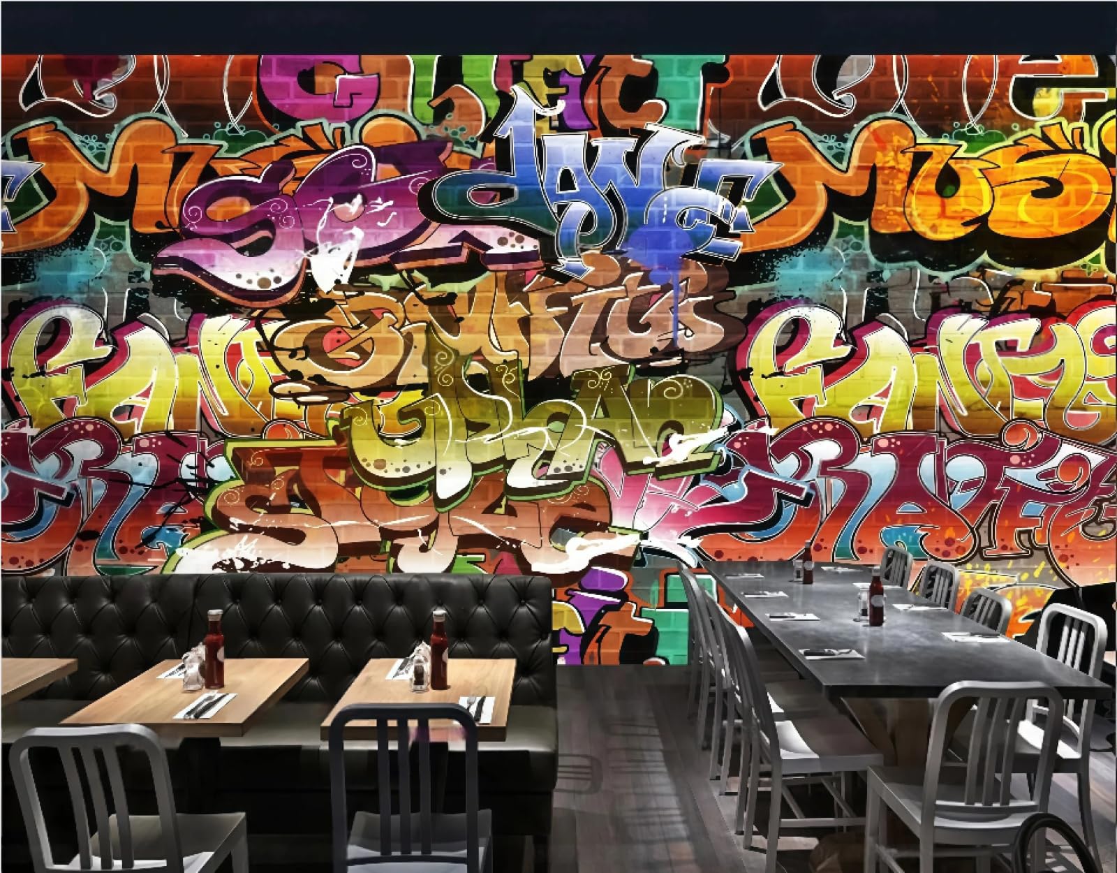 Xdoubao 3D Wallpaper Fashion Retro English Graffiti Rock Music Bar Theme Drink Shop Afternoon Tea Western Restaurant Background Wall Wallpaper Coffee Shop Mural,,150X105cm