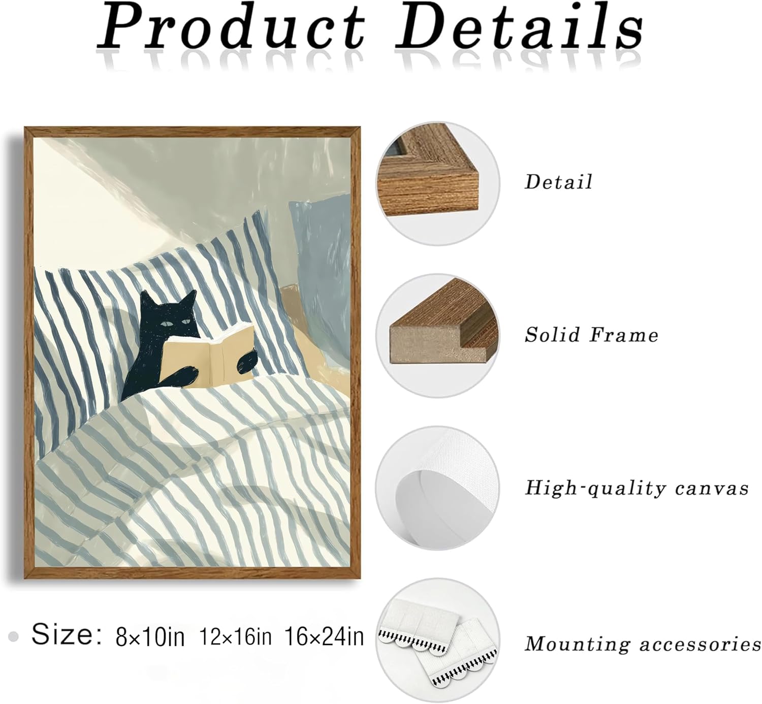 Framed Black Cat Reading Book Wall Art Blue Striped Bedding Painting Picture Wall Decor Cosy Modern Kitten BedroomBook Lover Gifts Poster Print Artwork for Bedroom Home Decoration