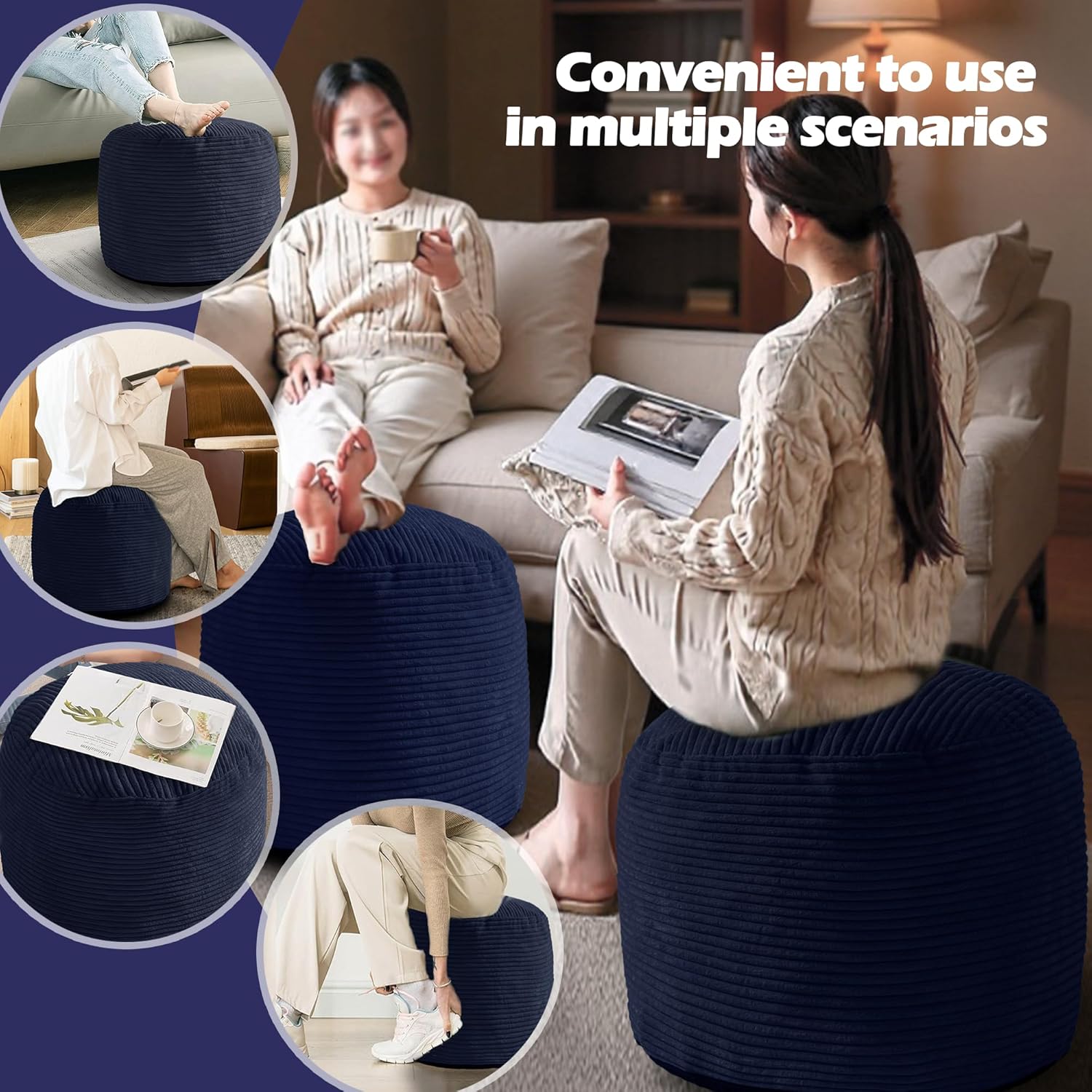 Sqodok Round Stuffed Pouf Ottoman for Foot Stools, 20"x 15" Corduroy Poufs Ottoman with Shredded Foam Filling, Washable Floor Poufs Foot Rest for Living Room Bedroom Home Decor and Office Chair