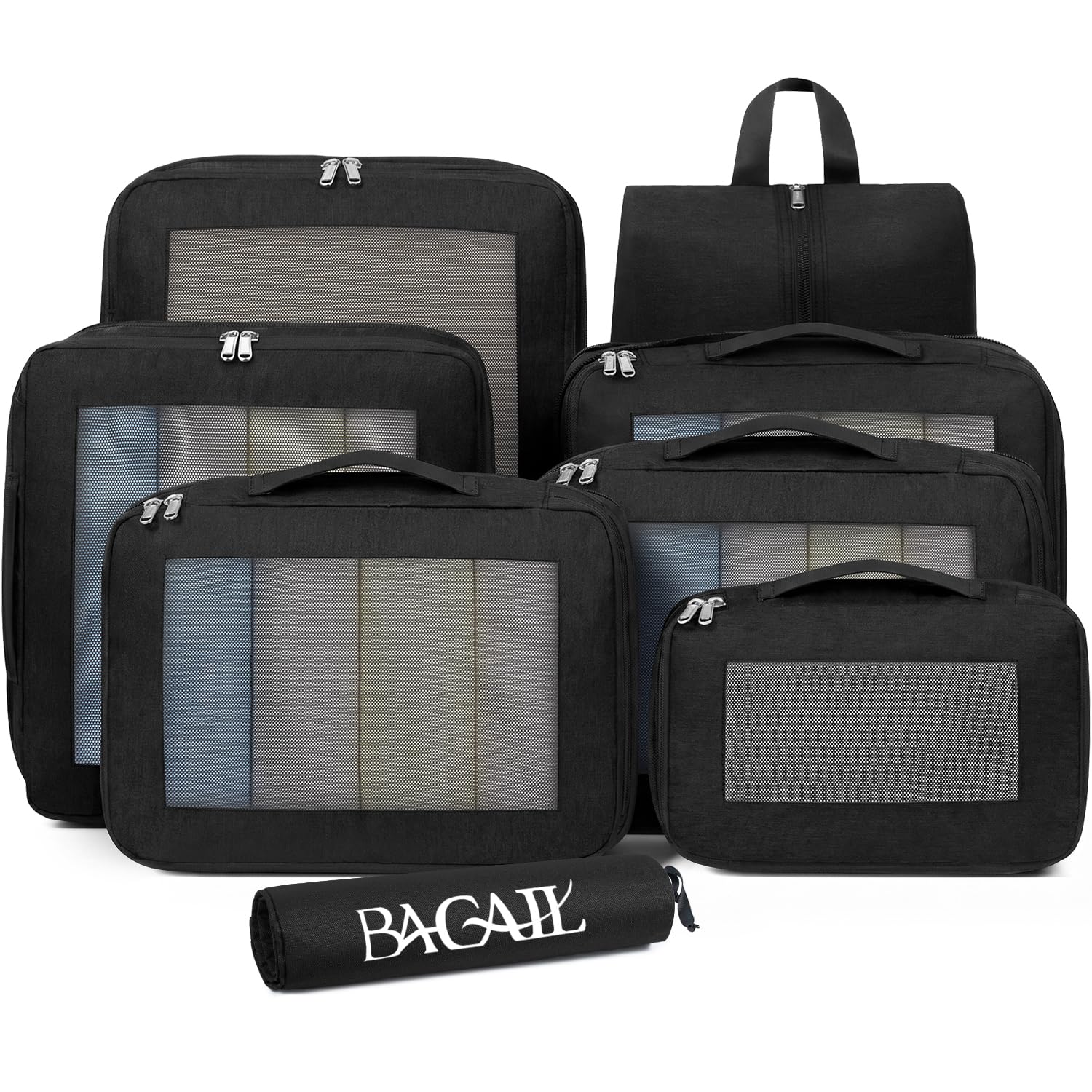 BAGAIL Compression Packing Cubes for Travel Essentials, 8 Set-Black