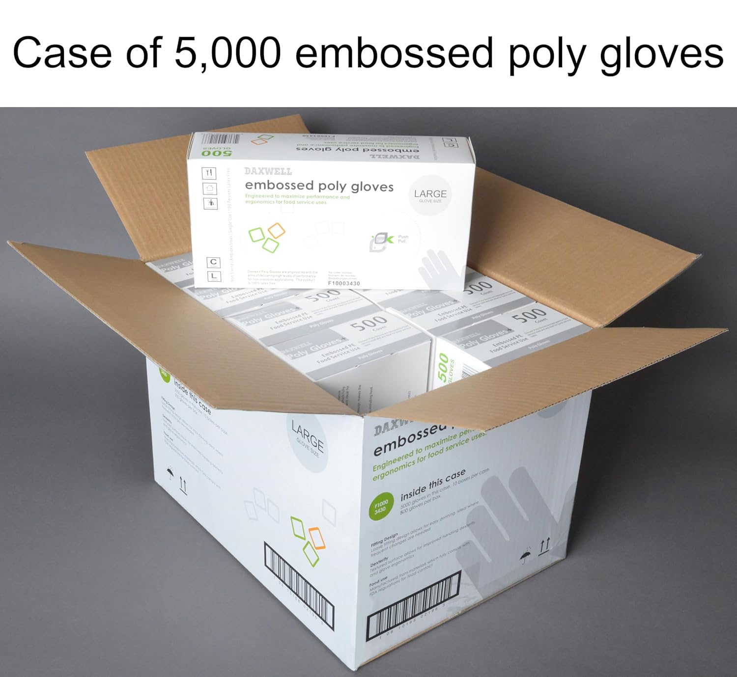 Daxwell Poly Gloves, Embossed, Large, Clear, F10003430 (Case of 5,000; 10 Boxes of 500)