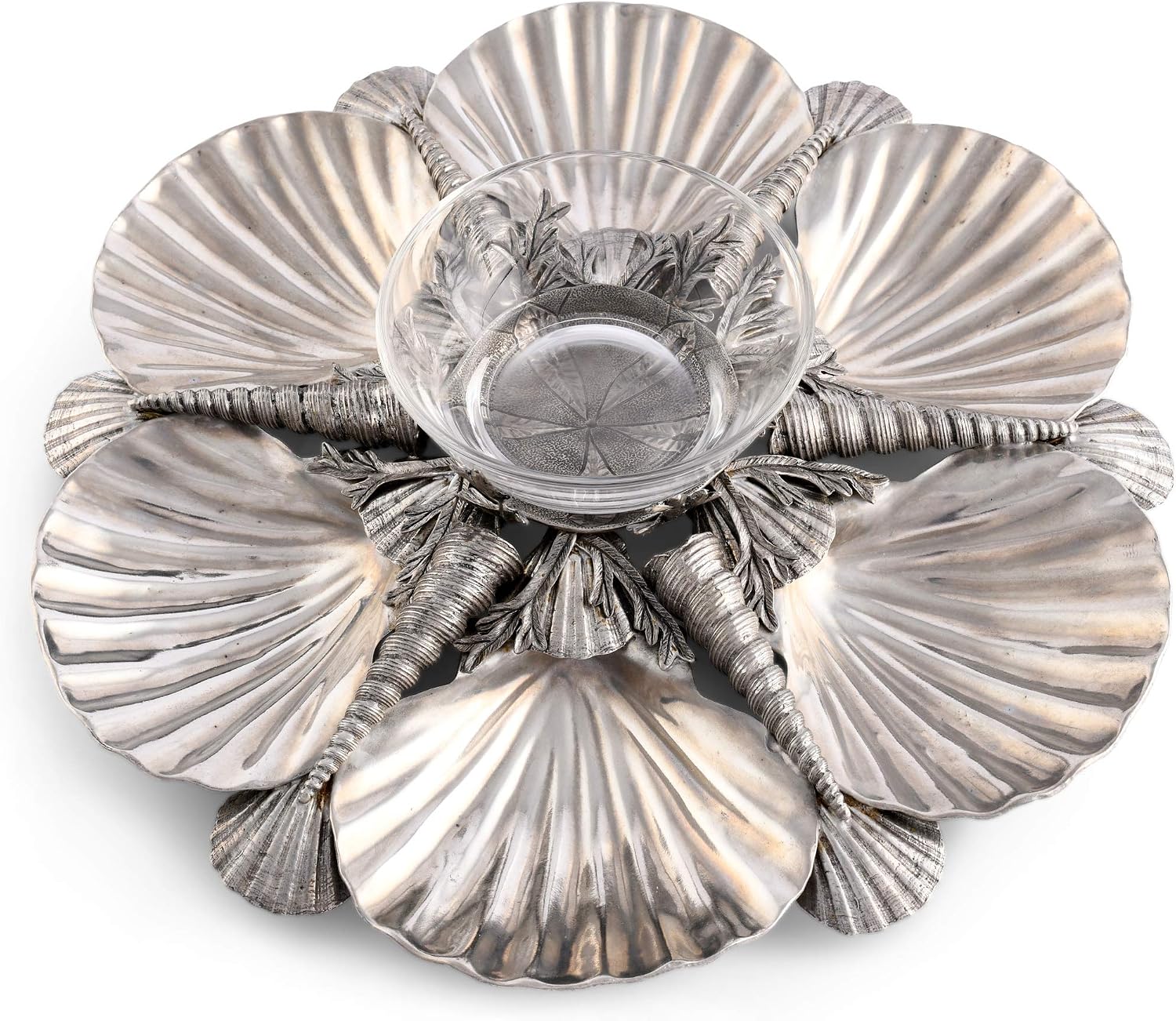 Vagabond House Pewter Marine Life Serving Tray with Glass Dip Bowl 14 inch Diameter x 2 inch Tall