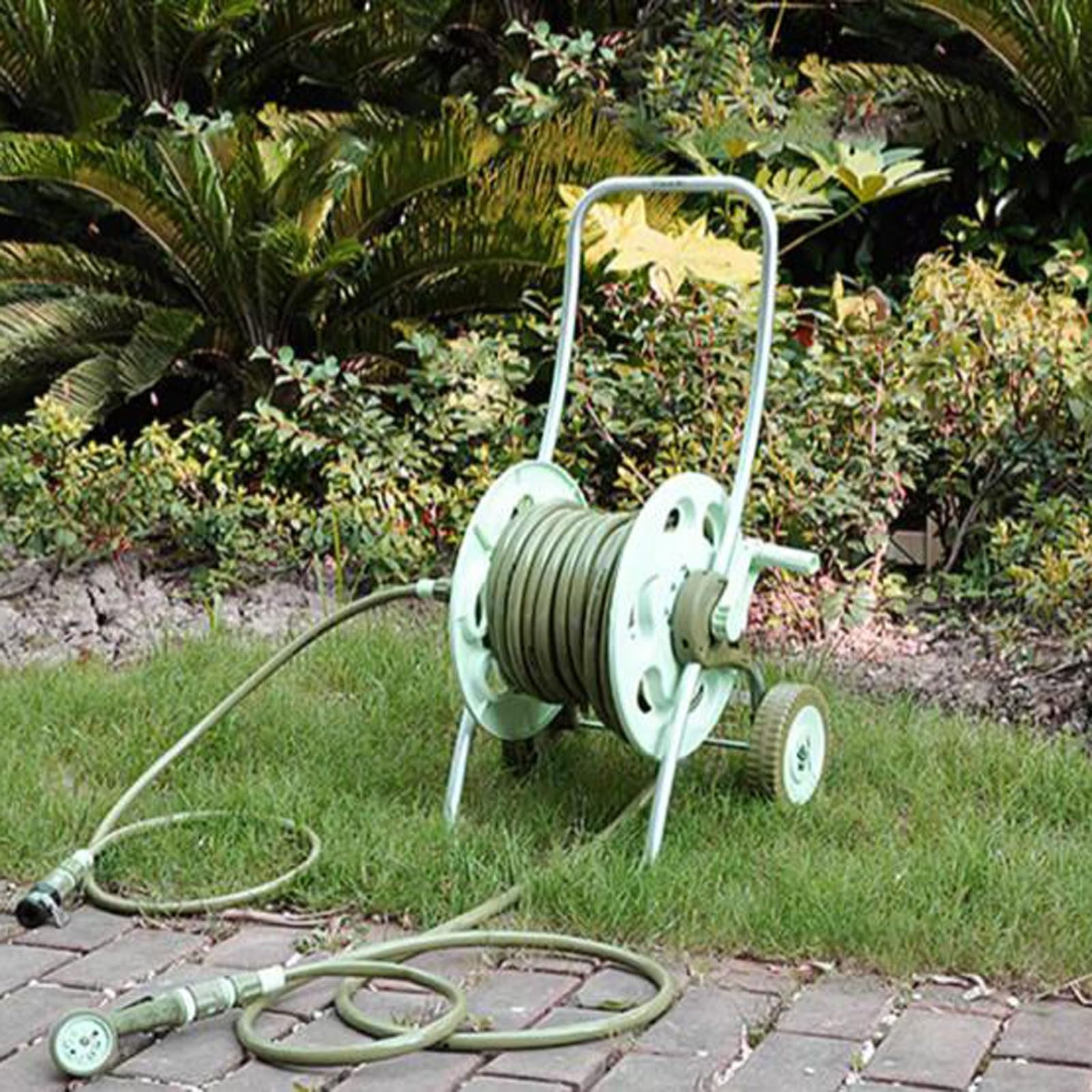 Carrete para Manguera de jardín, Ligero y portátil, con Ruedas y manivela, Boquilla de 8 Funciones y Manguera de 30 m/100 pies y 1/2 Pulgada.