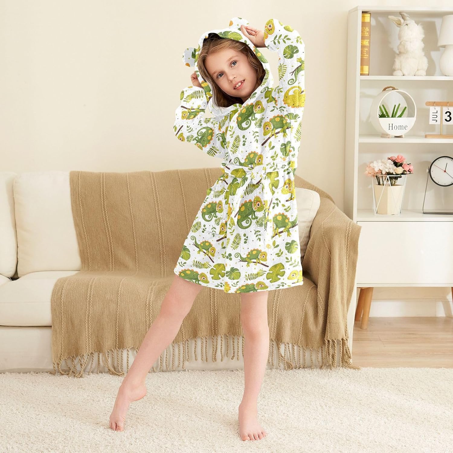 senya Cute Chameleon Toddler Hooded Bathrobe Kids Soft Plush Bath Towel Robes for Boys Girls 2-12 Years