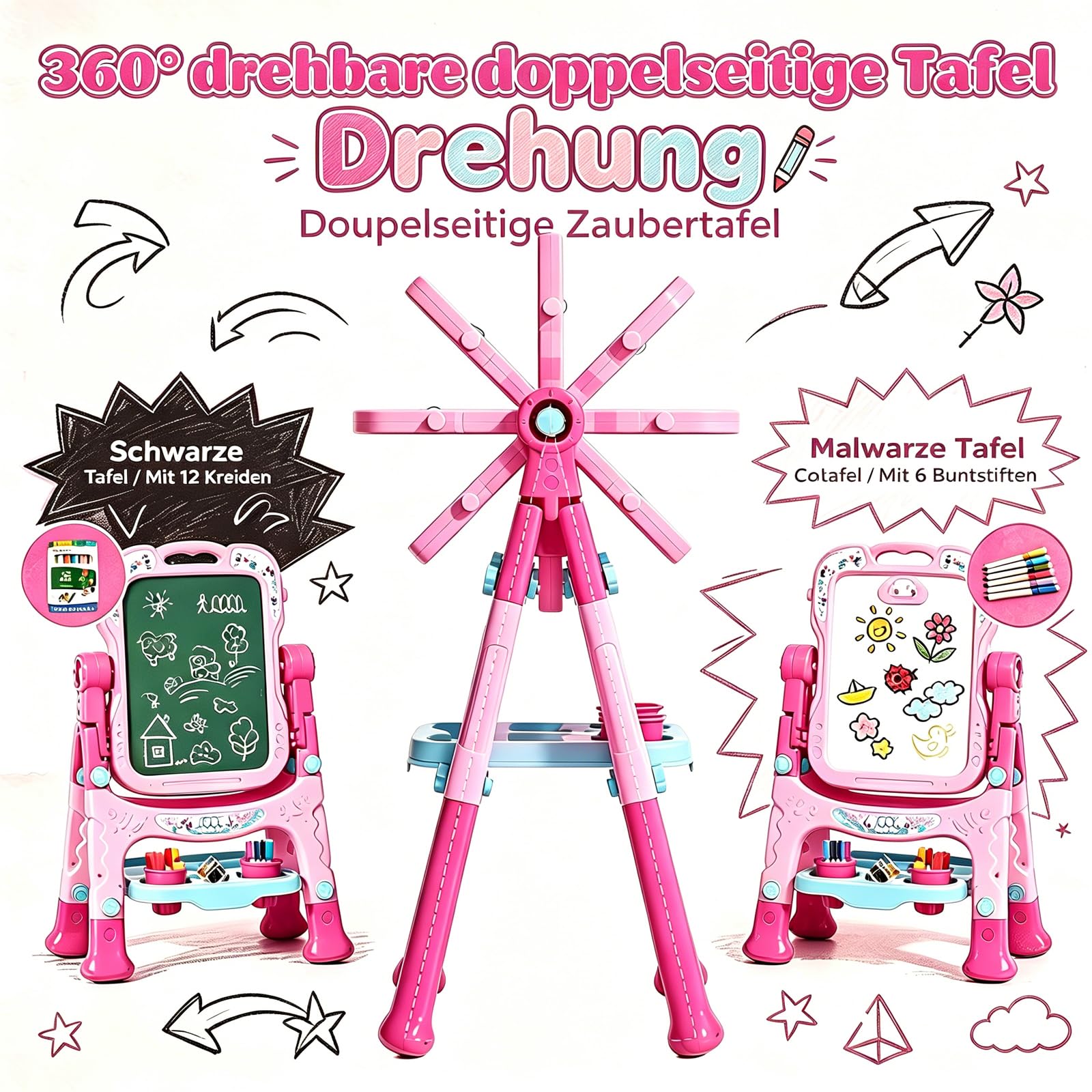 Staffelei Kinder, Maltafel Zaubertafel, Kleinkinder Spielzeug ab 2 Jahre Mädchen Spielzeug für 1-6 Jahre Painting Board Lernspielzeug für 1 2 3 4 5 6 Jahre Baby Kinder Geburtstag Geschenk Schreibtafel