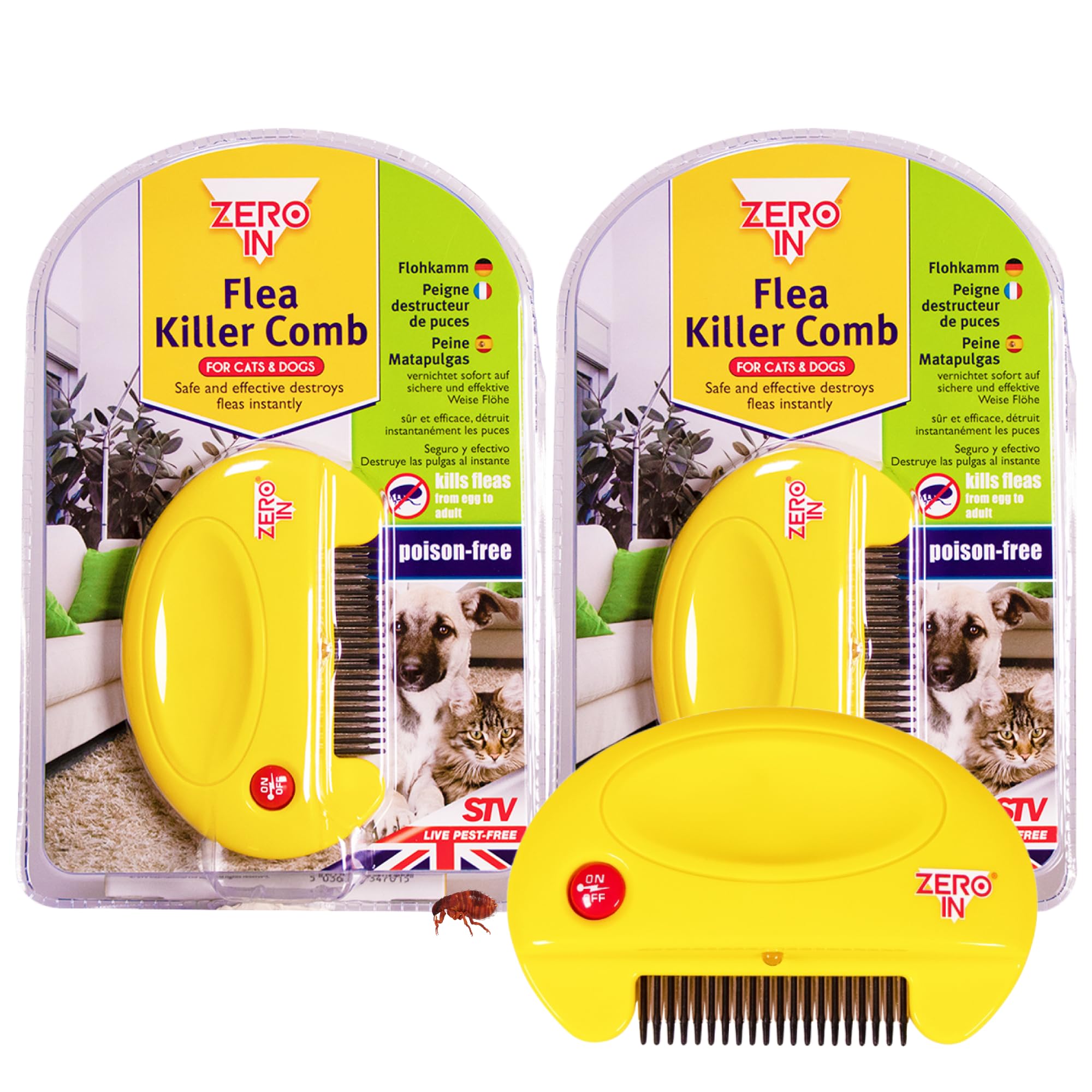 Zero In Flea Killer Comb - Chemical-Free Electric Flea Comb for Dogs & Cats, Ergonomic Design – Flea Brush Instantly Kills Fleas, Ticks, Larvae & Eggs – Battery Powered (2 AAA, Not Incl.), Multipack