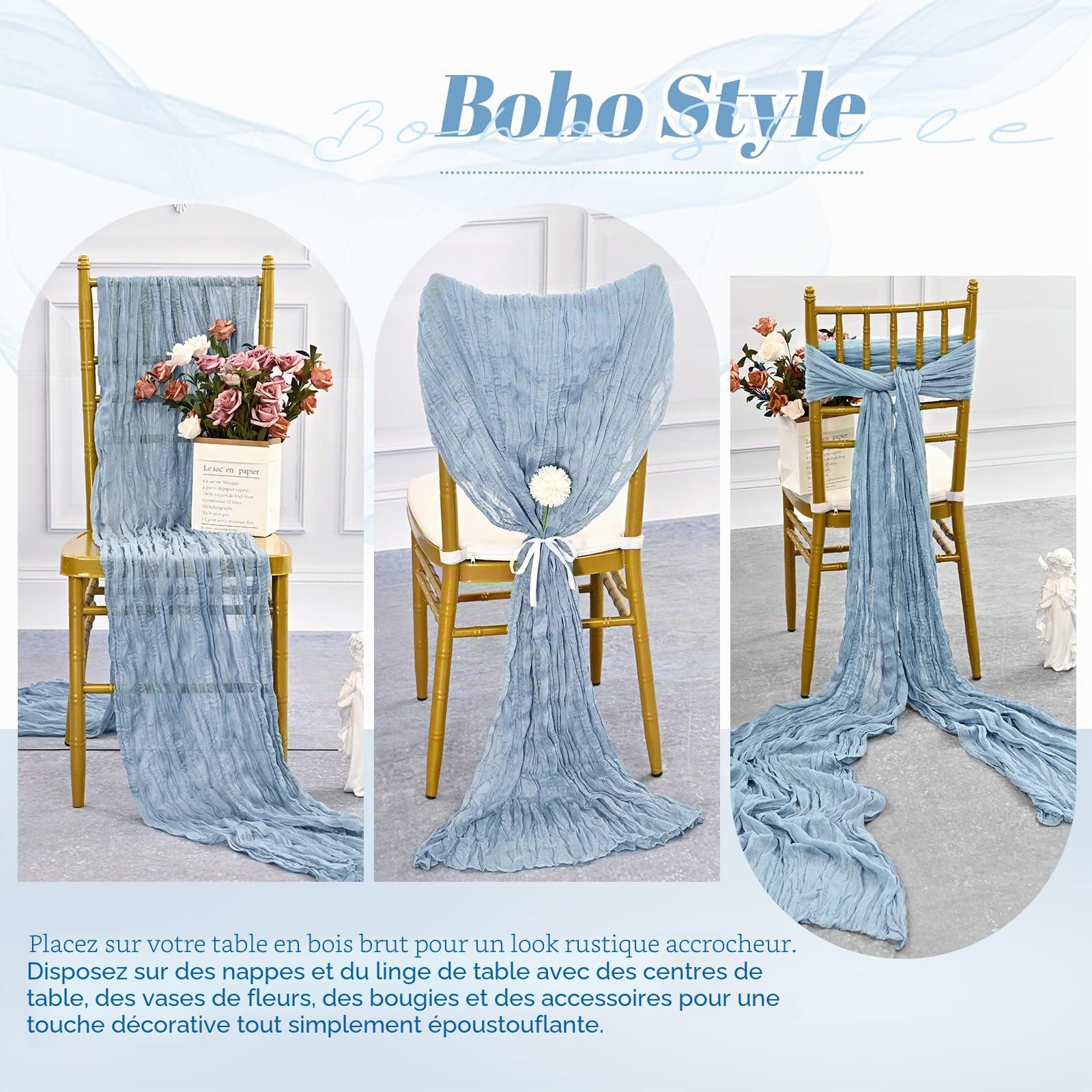 10 Pack Chemin de Table en Étamine Bleu Poussiéreux - 10FT Long Semi-Transparent en Gaze - Tissu Boho