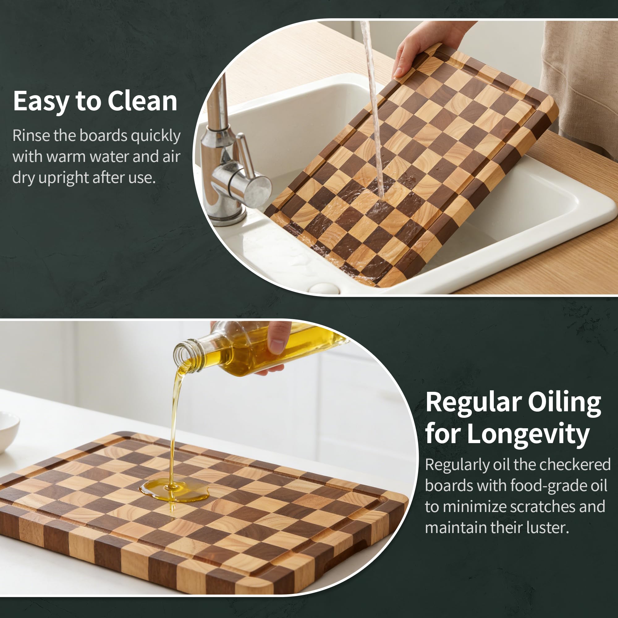 WILLKOMMEN Kariertes Schneidebrett-Set, 3-teilige Holz-Schachbrett-Endmaserungs-Schneidebretter mit Halter und Saftrille, Holz-Küchenschneidebretter zum Zubereiten und Servieren (S, M, L)