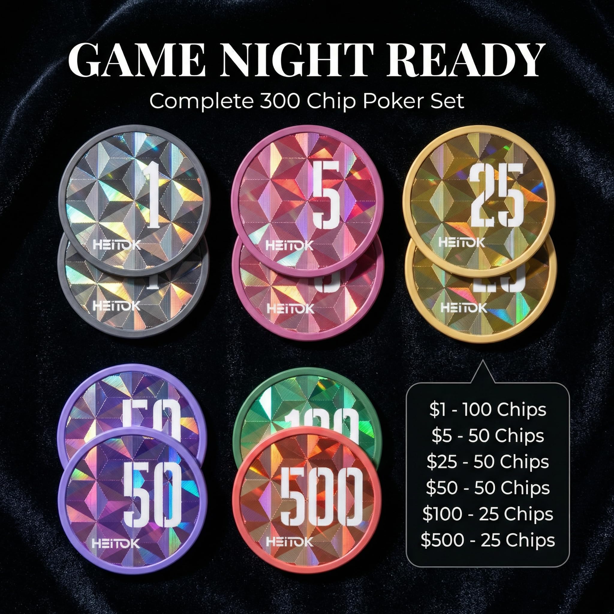 HEITOK Mallette Poker Professionnelle 300 Jetons Numérotés 11,5g ABS Lourds – Kit Complet Texas Hold'em Blackjack avec Valise Aluminium