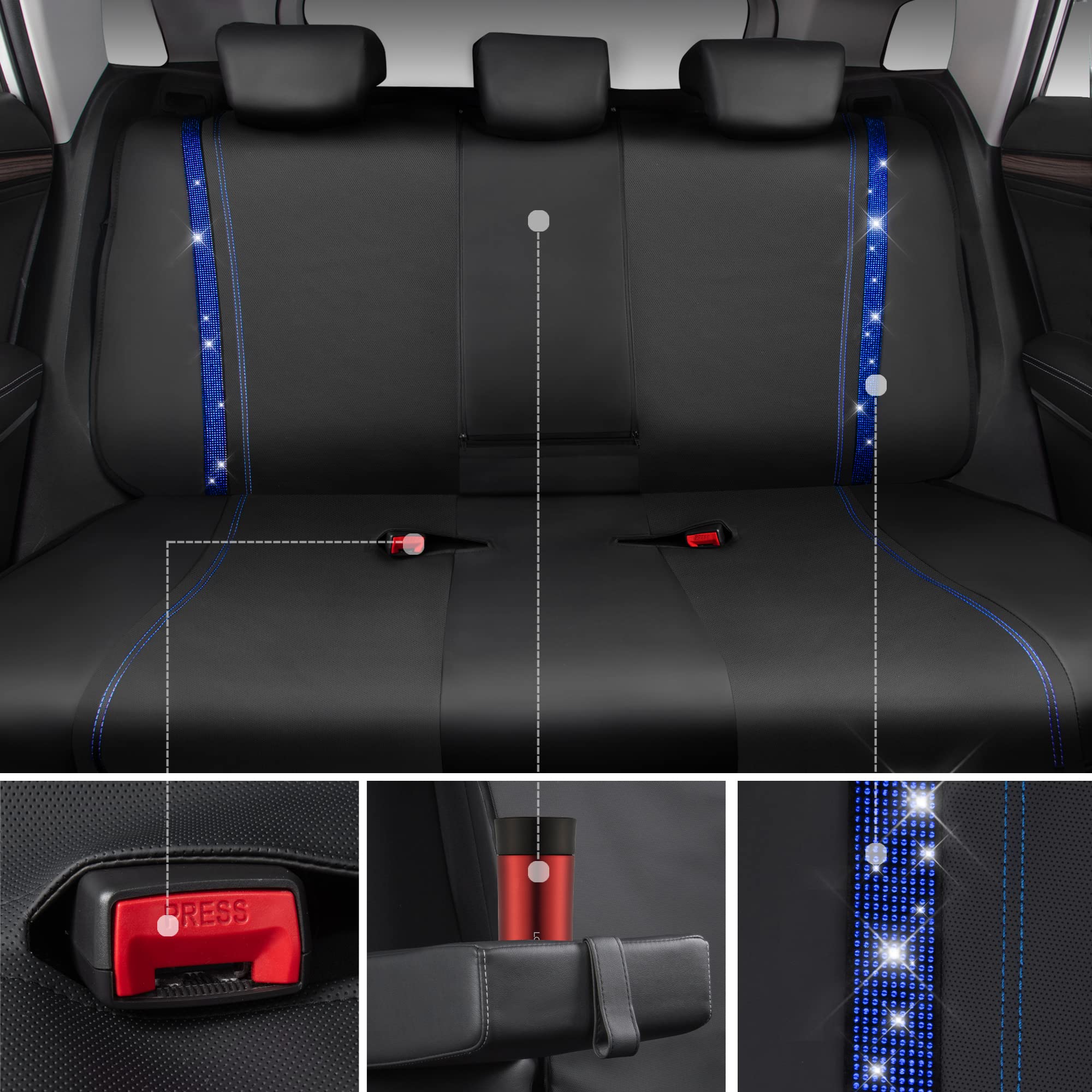 CAR PASS Bling Car Seat Covers Full Set, Shining Rhinestone Diamond Waterproof Faux Leather, Rear with Zipper, Universal Fit Automotive Glitter Crystal Sparkle Strips for Cute Women Girl, Blue