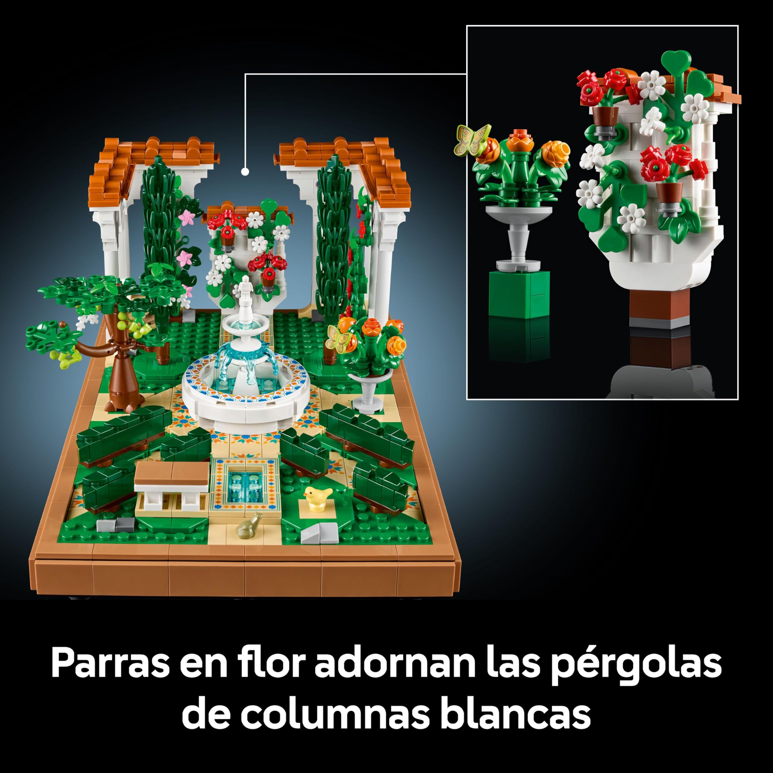 LEGO Icons Jardín con Fuente Maqueta para Adultos con Plantas y Flores Artificiales: Caléndula, Buganvilla, Geranio, Decoración para el Hogar, Figura de Pájaro, Regalo para Mujeres y Hombres 10359