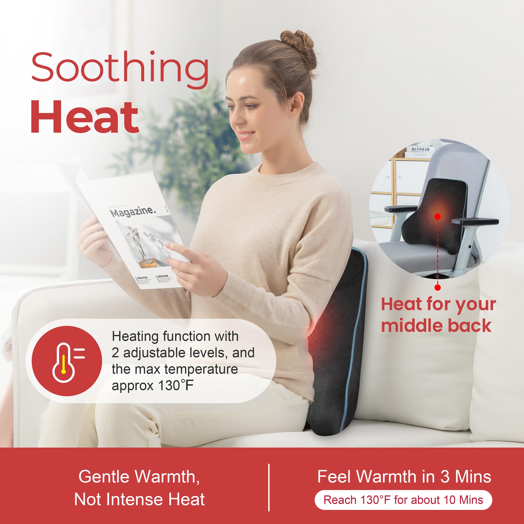 COMFIER Cojín de masaje para el dolor de espalda, cojín lumbar con 3 modos de masaje, 2 niveles de calor, cojín de apoyo para la espalda, espuma de memoria, correas ajustables, adecuado para el hogar,