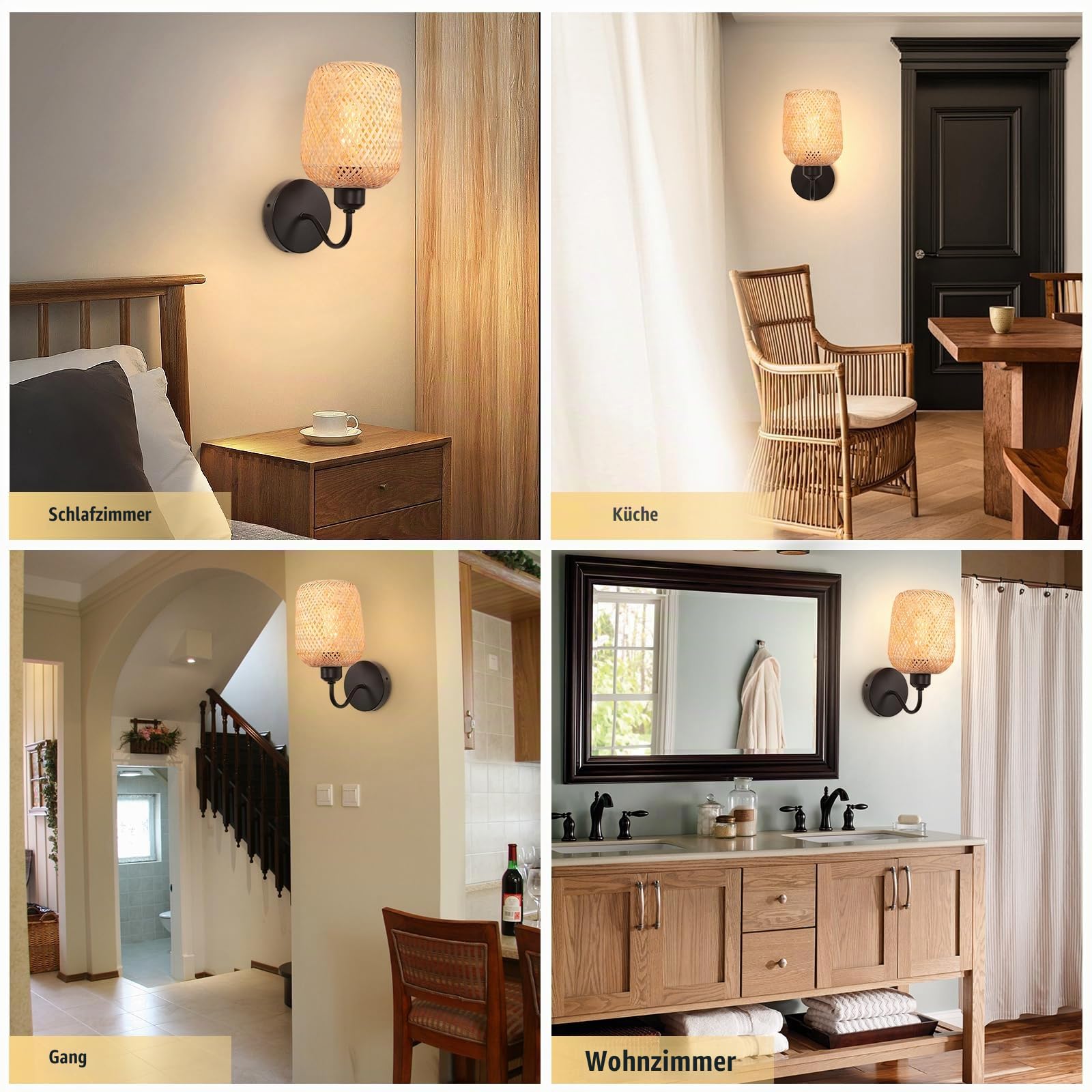 2 Stück Vintage Wandleuchte Handgeflochtene Lampe Bambus Lampenschirm E27 Wandlampe Bohemian Style Wandleuchte Innendekoration für Schlafzimmer, Restaurant, Flur