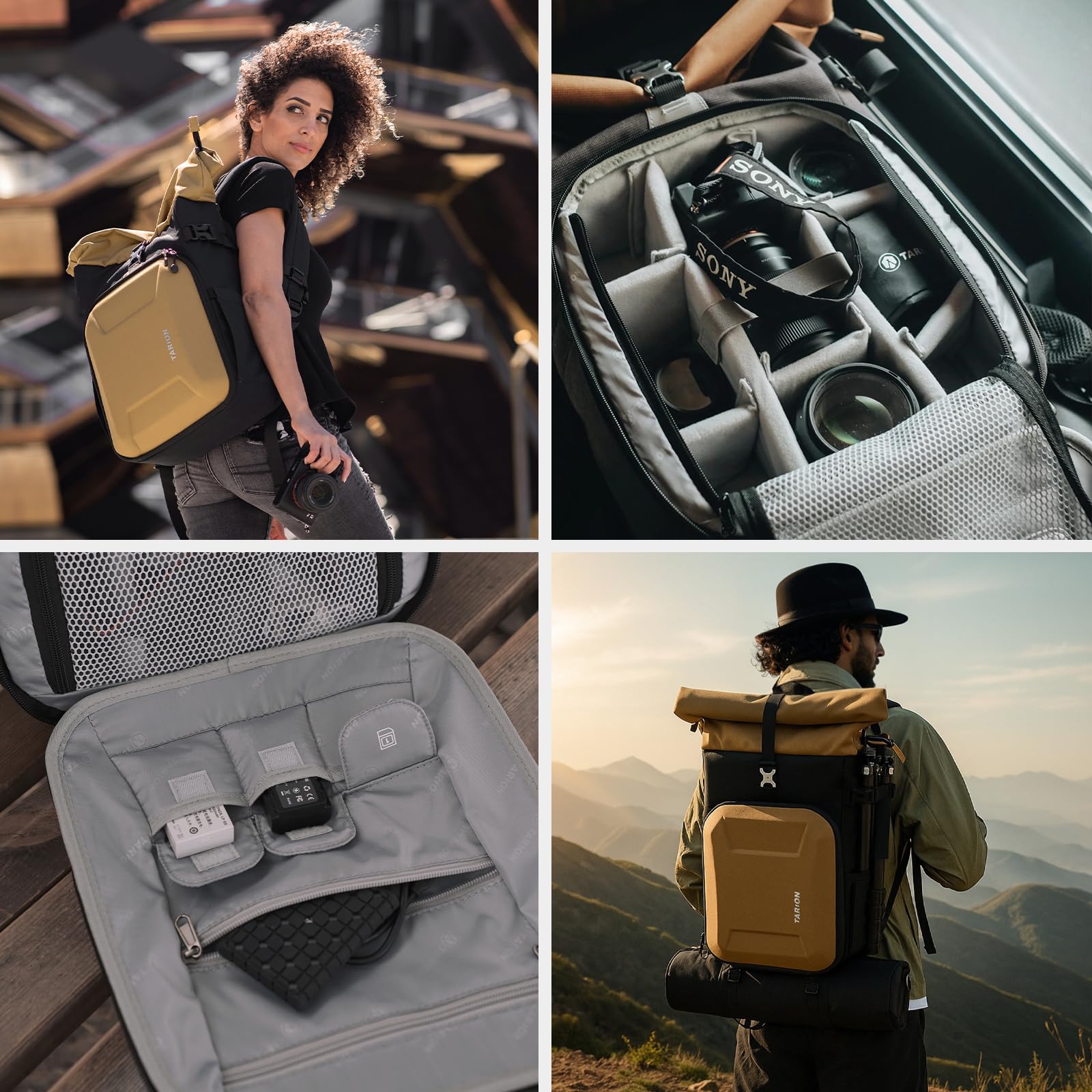 TARION Kamerarucksack Rolltop Fotorucksack mit Hartschale: Professionelle Kameratasche Spiegelreflex mit 16 Zoll Laptopfach für DSLR SLR Kameras Objektive Stativ(Gold)