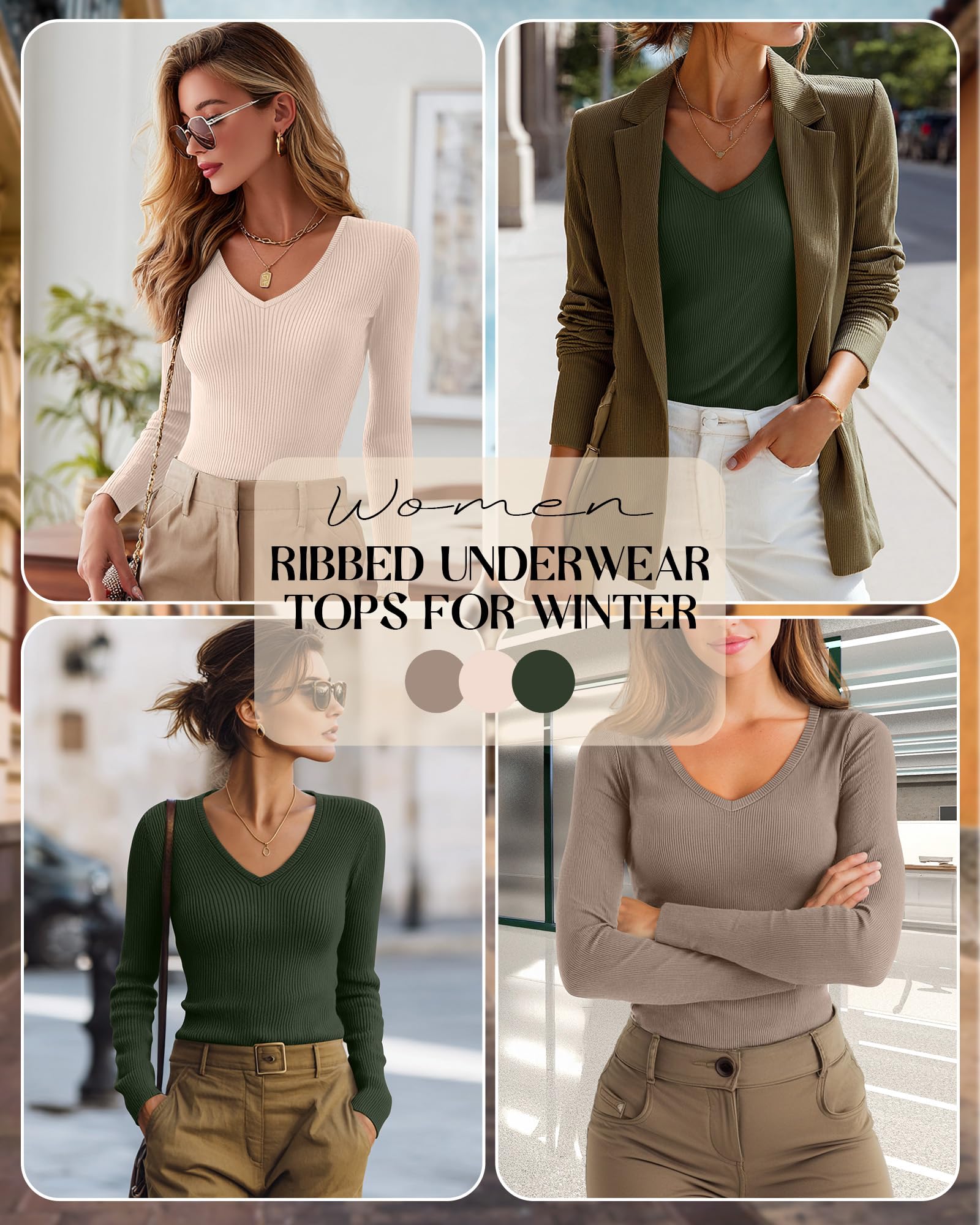 Riyiper 3 Pack Women Long Sleeve Shirts, 95% Cotton V Neck Ribbed Knit Tops Slim Fit Casual Going Out Tee Shirts