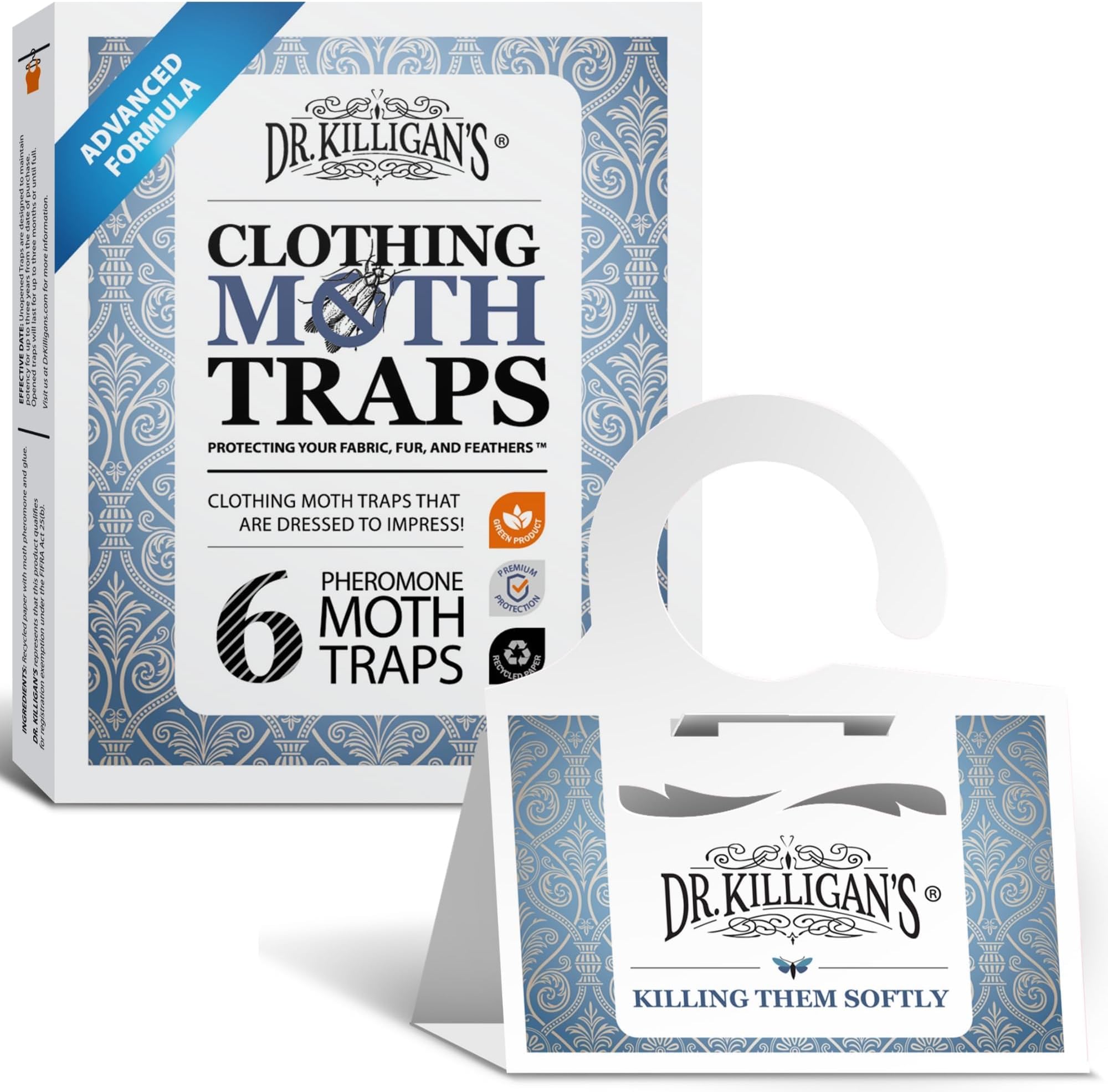 Dr. Killigan's Premium Clothing Moth Traps with Pheromones Prime | Non-Toxic Clothes Moth Trap with Lure for Closets & Carpet | Moth Treatment & Prevention | Case Making & Web Spinning (White)