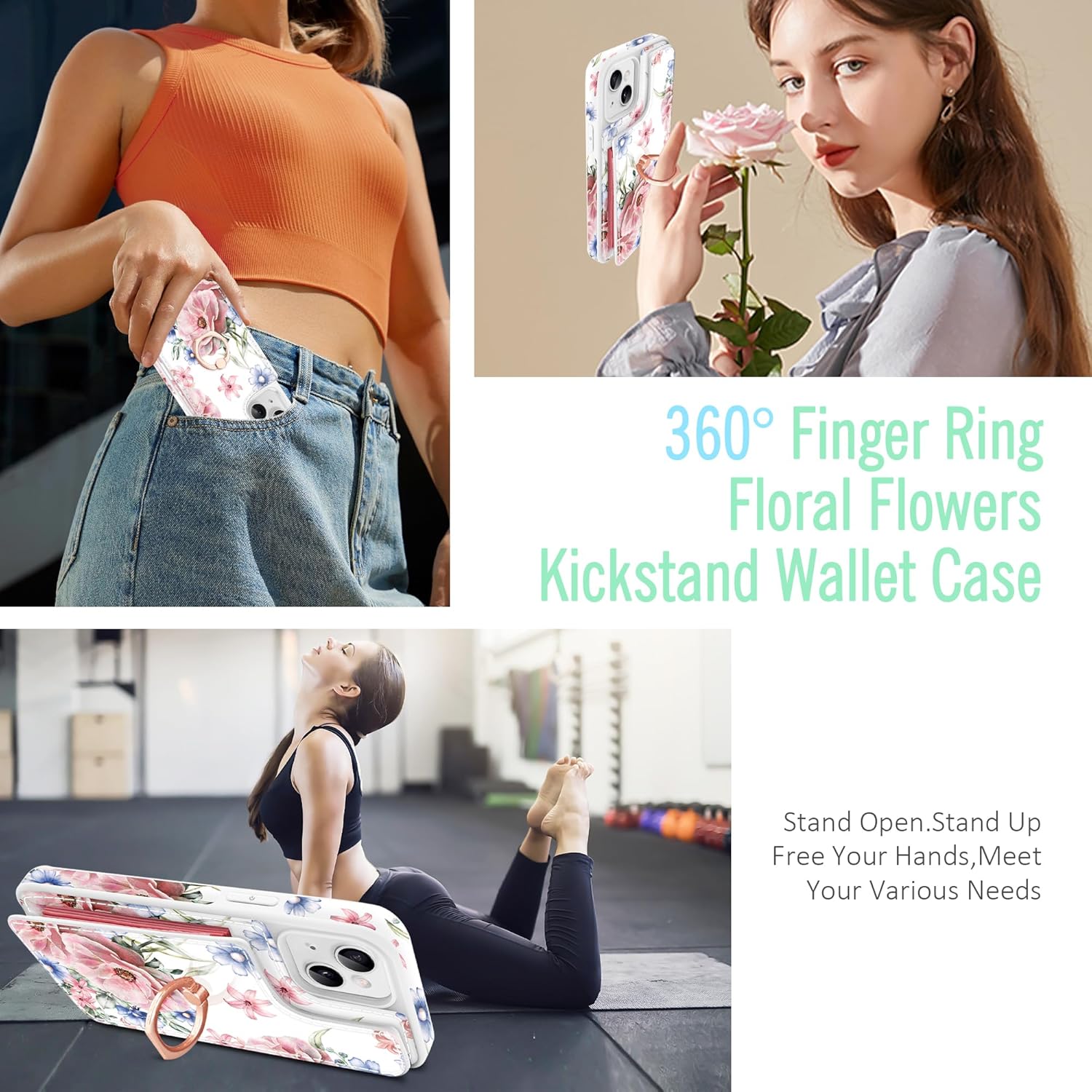 for iPhone 13 Wallet Case,[360°Rotation Ring Stand][with Screen Protector],Floral Flower Design 5 Card Holder,PU Leather Kickstand Card Slots Case for Women,Case for iPhone 14/13,6.1"