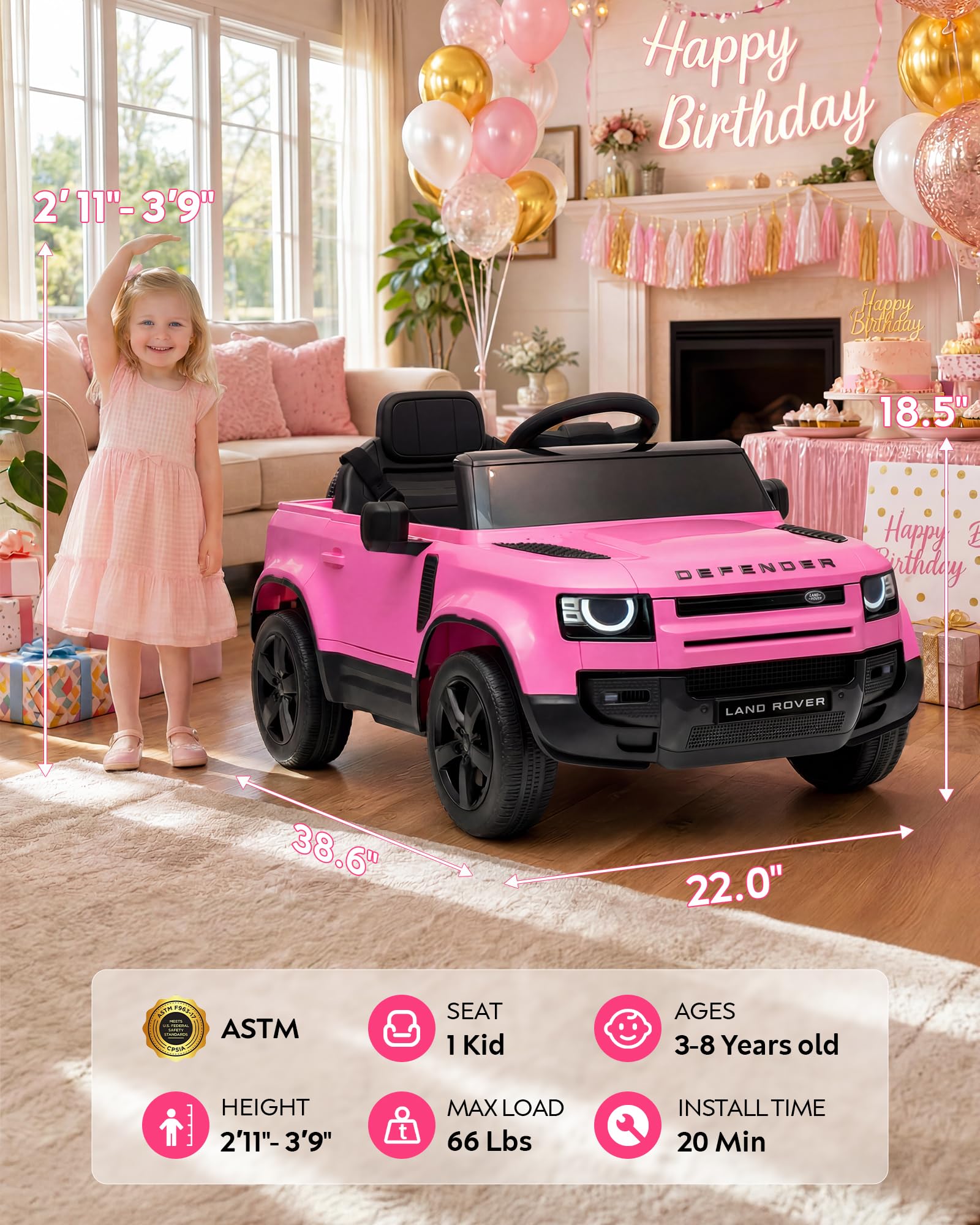 Auto elettrica da 12 V per bambini, con licenza Land Rover, con telecomando per genitore, soft start, 3 velocità, assorbimento degli urti, luci LED e musica, giocattolo elettrico per bambini, rosa