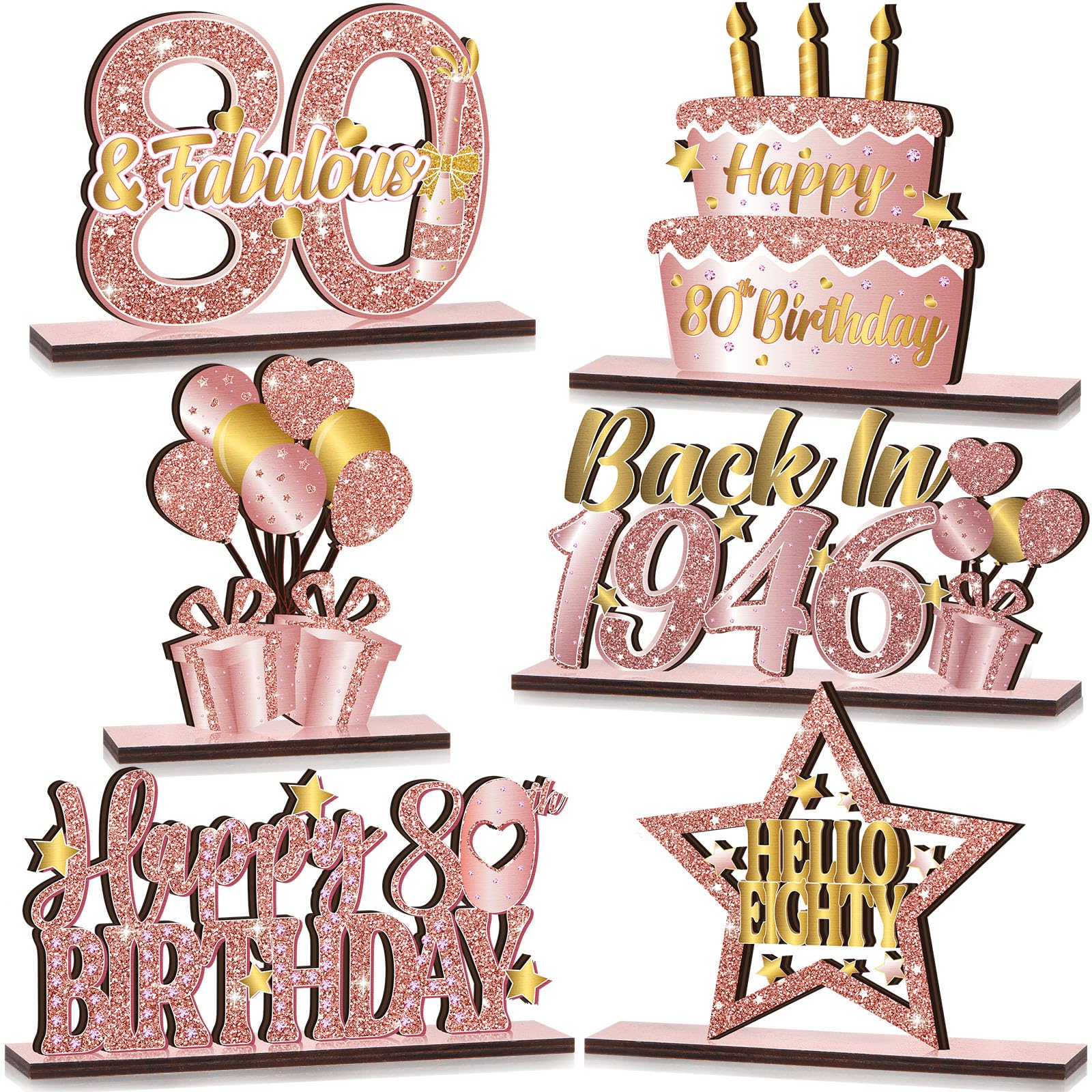 6 Pcs 80th Birthday Decoration Vintage 1946 Wooden Table Centerpieces Decoration Pink Rose Gold Hello Eighty Party Supplies Happy 80th Birthday