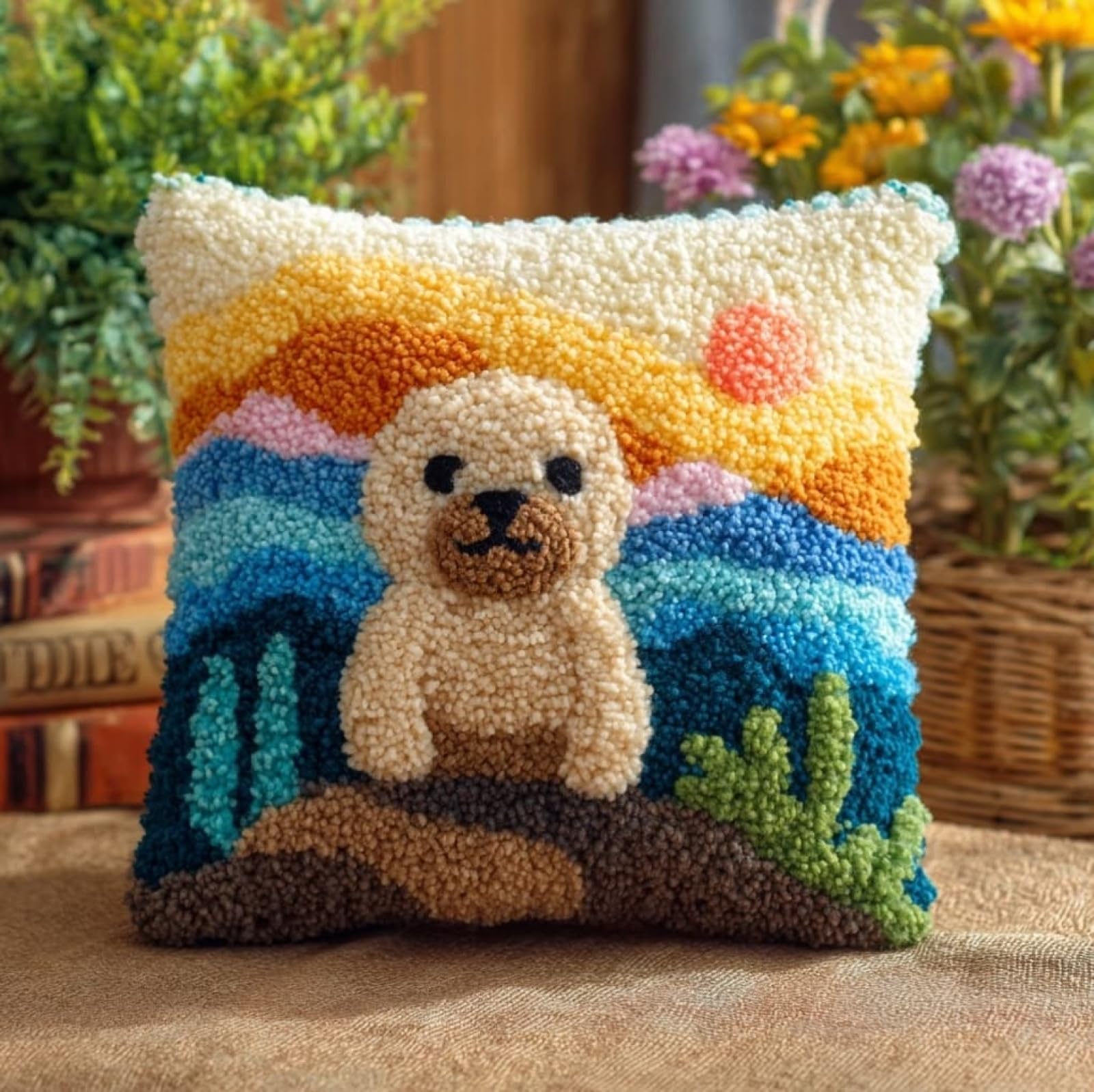 AxiangziK 43x43cm Latch Hook Pillow Craft Kit,Cartoon Sea Lion Beginner Friendly DIY Crochet Cushion,Perfect for Living Room Sofa & Christmas Gifting