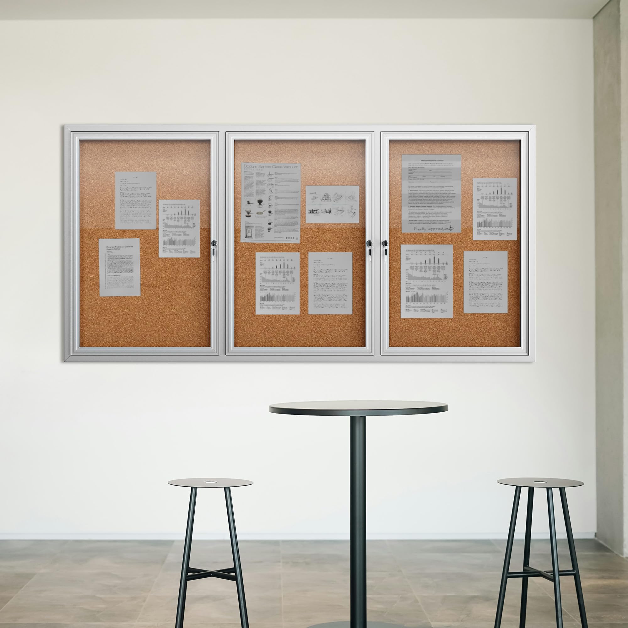 72"x36" lockable enclosed bulletin board, outdoor cork weather-resistant aluminum frame notice board, wall mounted display case acrylic doors for school,office,silver frame w/cork