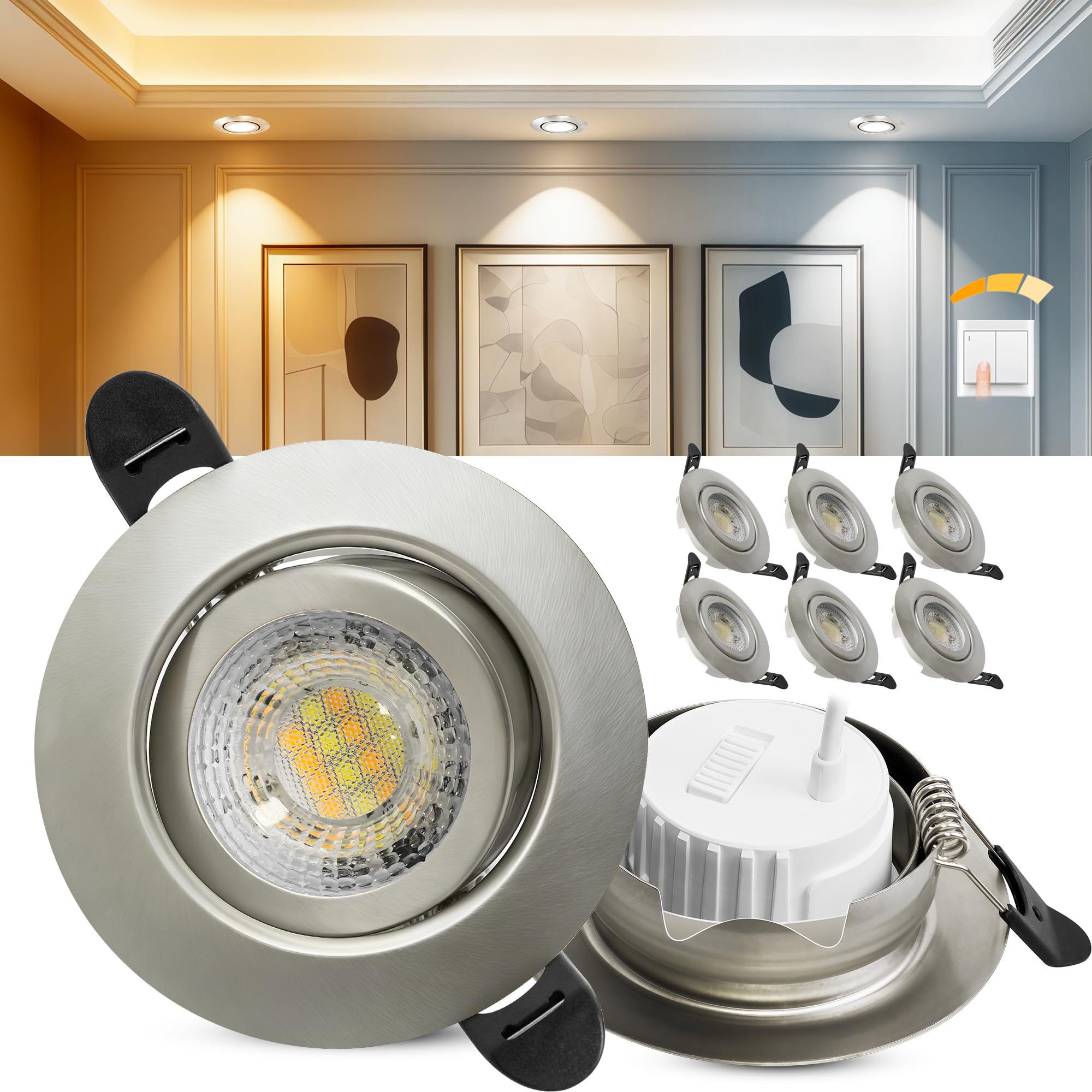 Laiebri LED Einbaustrahler 230V Dimmbar, 6W IP44 LED Spots, 68mm Deckenspots 38° Schwenkbar 3000K/4000K/6000k für Badezimmer Küche Wohnzimmer Einbauspots Flach Einbauleuchten, Nickel, 6er Set