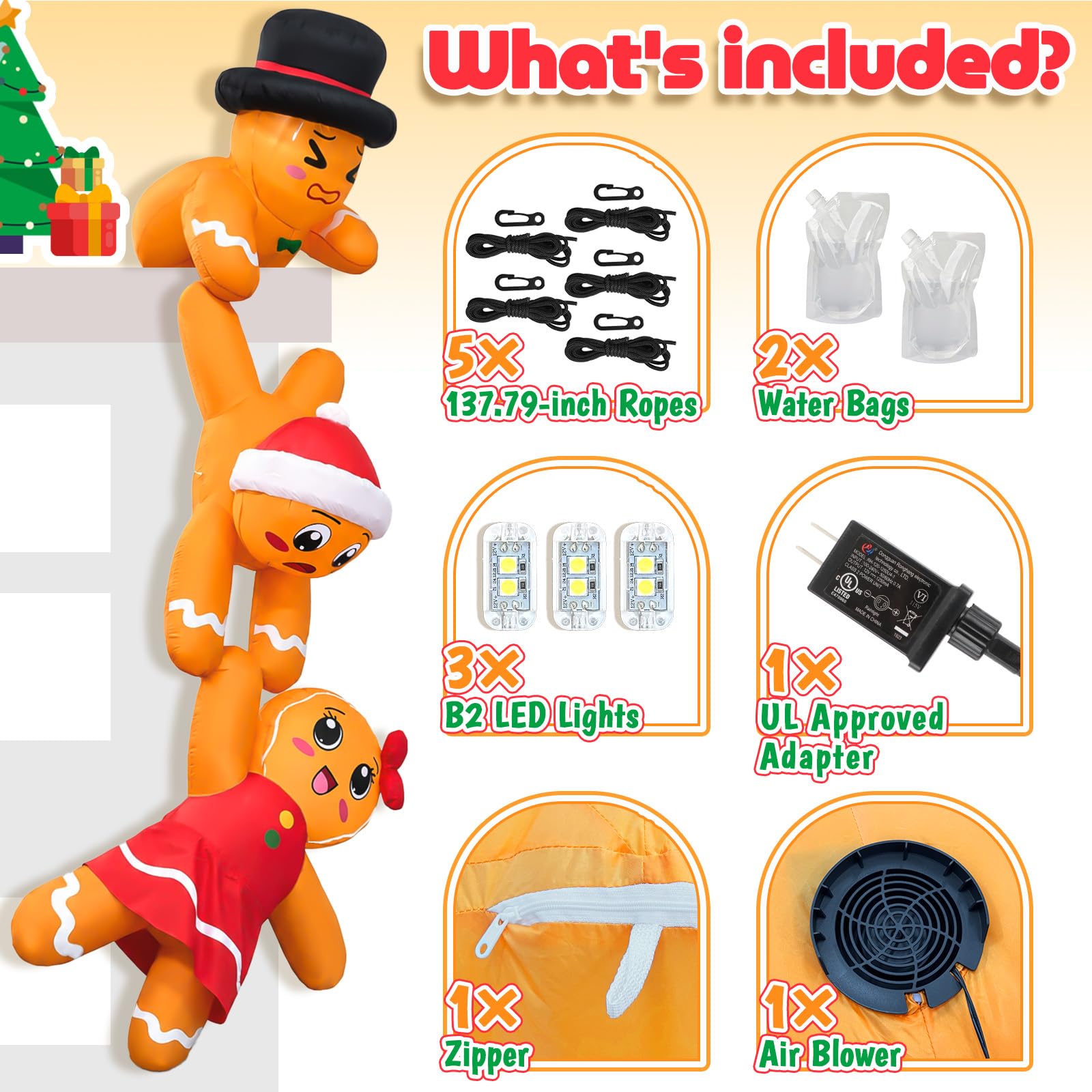 AerWo Décoration de Noël gonflable d'extérieur de 3,7 m, bonhomme en pain d'épices avec lumières LED pour Noël, maison, toit, arbre, avant-toit