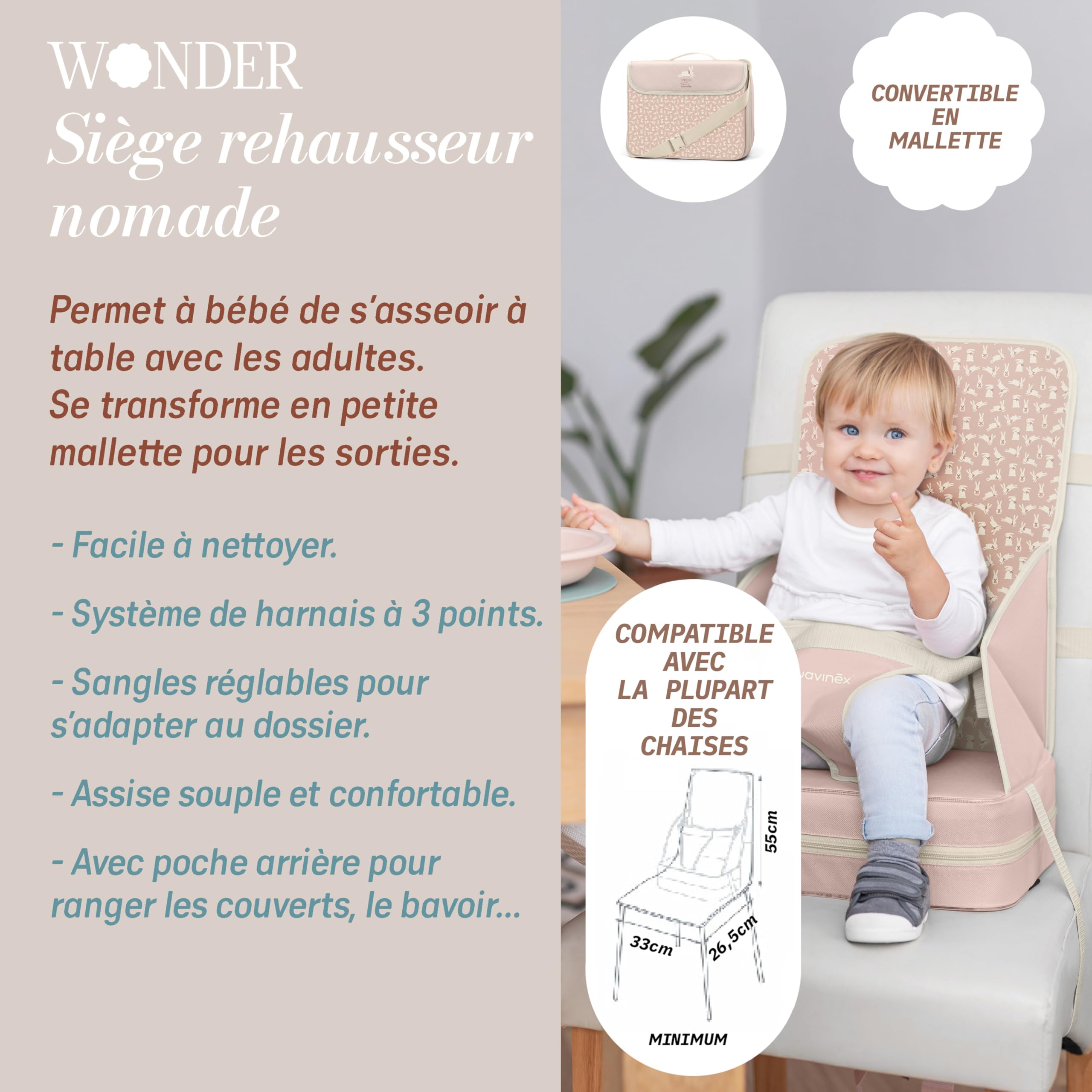 Suavinex, Réhausseur de Chaise Haute Bébé, Siège pour Bébé Portable Convertible en Mallette Transportable, Siège Table Ultra Léger, Compact, Siège Moelleux avec Harnais 3 Points, Bébé +6 Mois, Rose