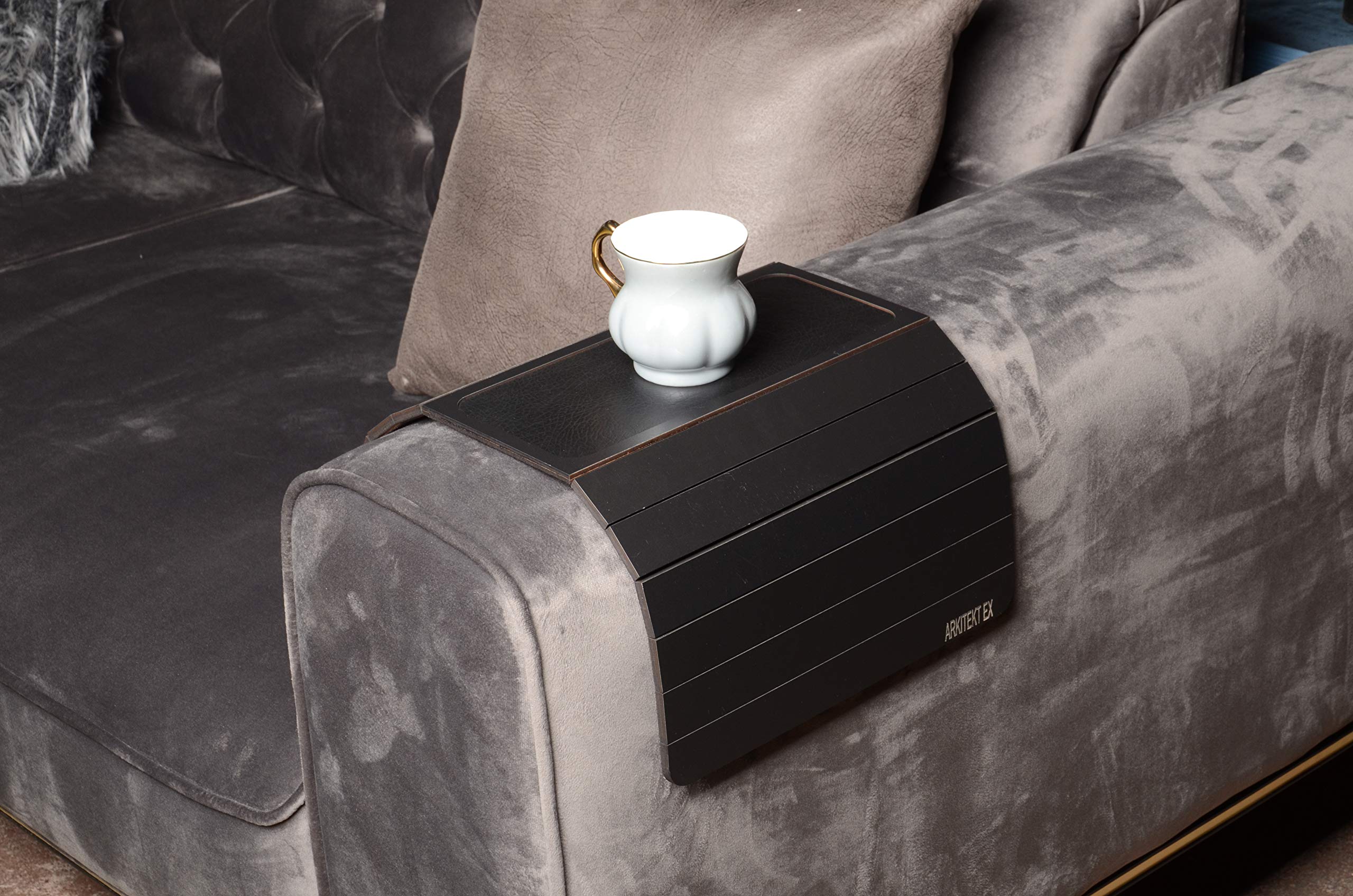 ARKITEKT_EX Couch Arm Tray - Foldable Sofa Arm Tray with Leather surface- BlackColor