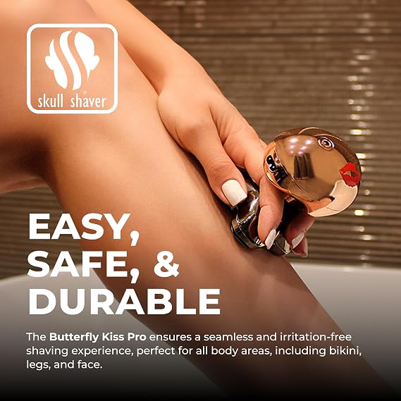 Skull Shaver Butterfly Kiss PRO - Women's Electric Shaver for Bikini Line, Legs & Body - Wet & Dry Use - Ergonomic, Hypoallergenic Blades - 60 Minutes Cordless Use - Rose Gold