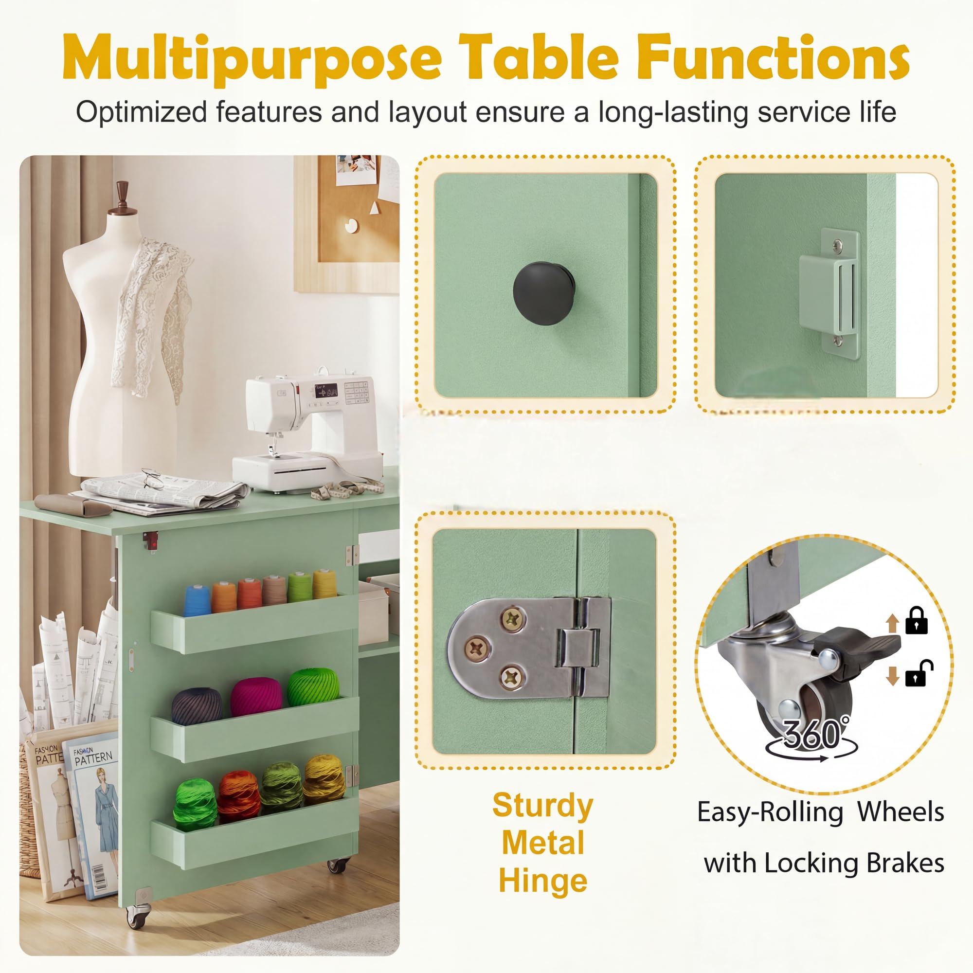 KOMFOTTEU Table Couture Pliable &, 3 Bacs cachés, Vert
