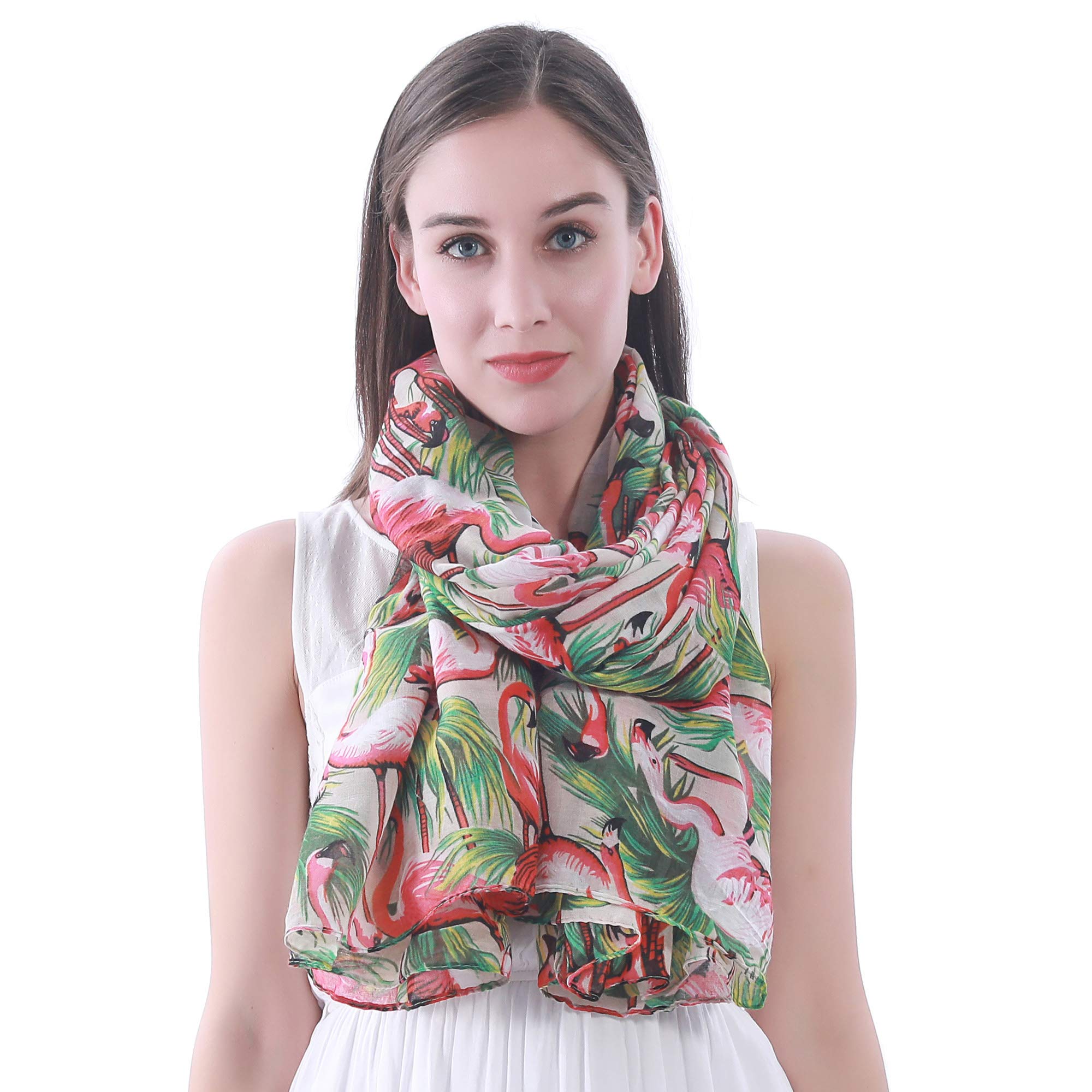 Lina & Lily Flamingo Print Women's Lightweight Scarf Shawl (Design B - white)