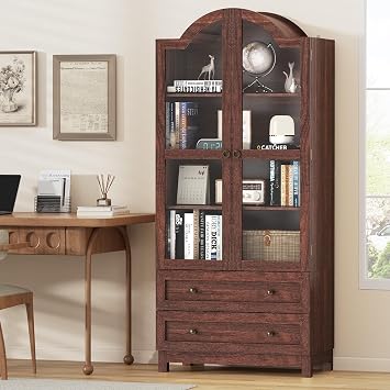 EasyCom 71" Tall Arched Kitchen Cabinet, Walnut Pantry Storage with Doors | 4 Adjustable Shelves, 2 Large Drawers, Glass Doors, Anti-Tipping Kit, Versatile Modern Farmhouse Cupboard for Kitchen, Dining