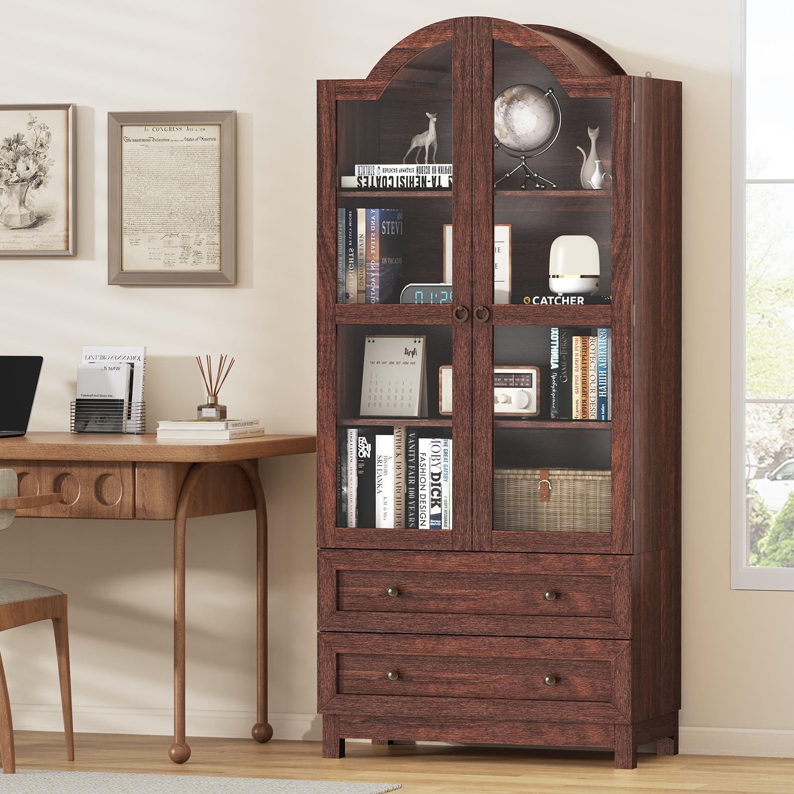 AMLANCHER 180cm Tall Kitchen Pantry Cupboard, Arched Kitchen Storage Cabinet with Acrylic Magnetic Clasp Door and 2 Large Drawers, Adjustable Shelf, for Living Room, Dining Room, Brown