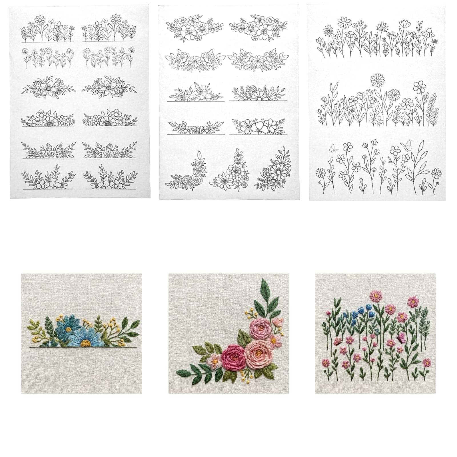3 Sheets Water Soluble Stabilizer Embroidery Patterns, Stick and Stitch Embroidery Papers, Flower Wash Away Stabilizer, Floral Pattern Transfers, Gift for Hand Sewing Lover Beginners