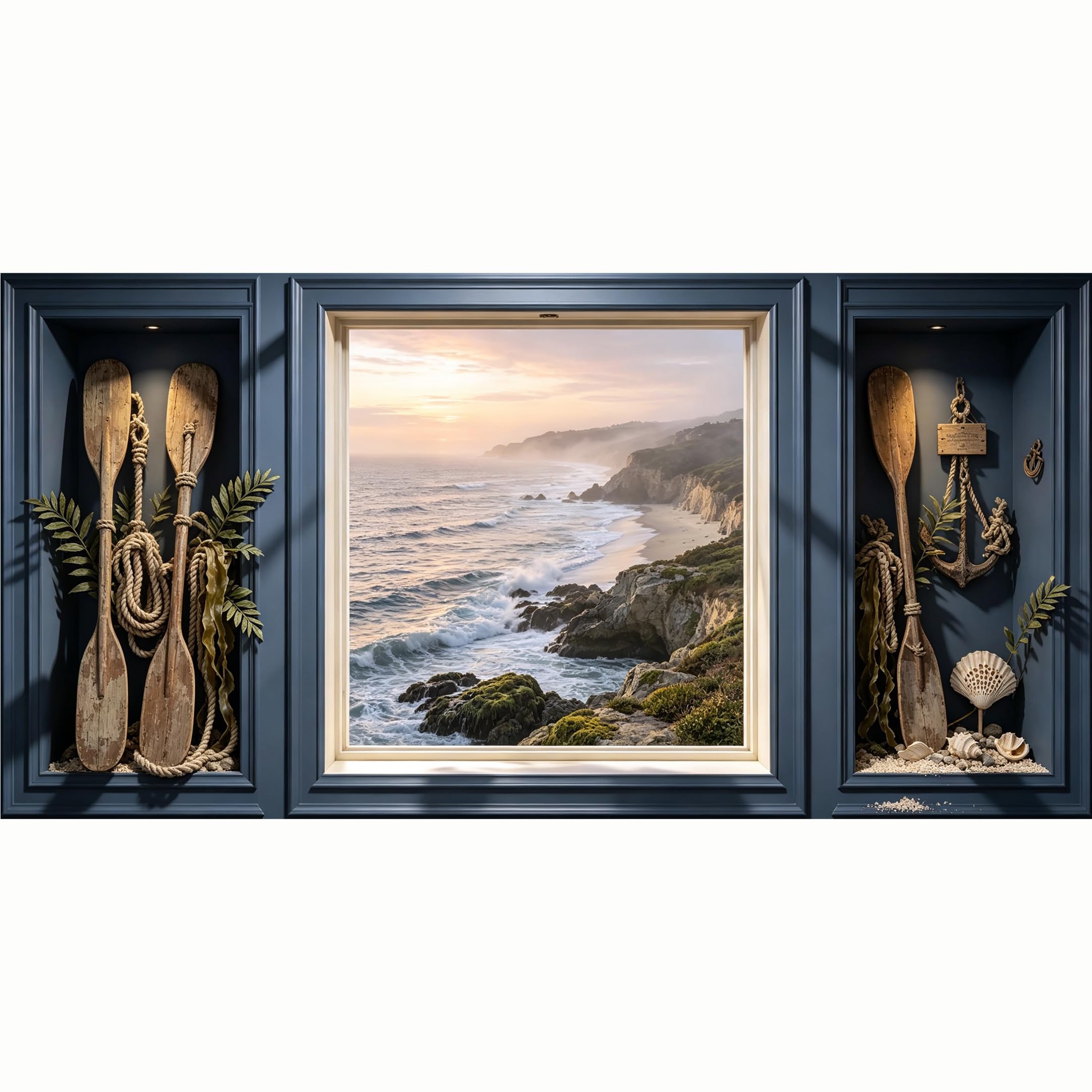 QZLITHOTIC 50x100cm 3D Framed Wall Art， Coastal Ocean Sunset View With Nautical Oars And Shells Self‑Adhesive Mural， Water‑Activated Peel & Stick Fabric Decor Wall Decal for Bedroom Living Room