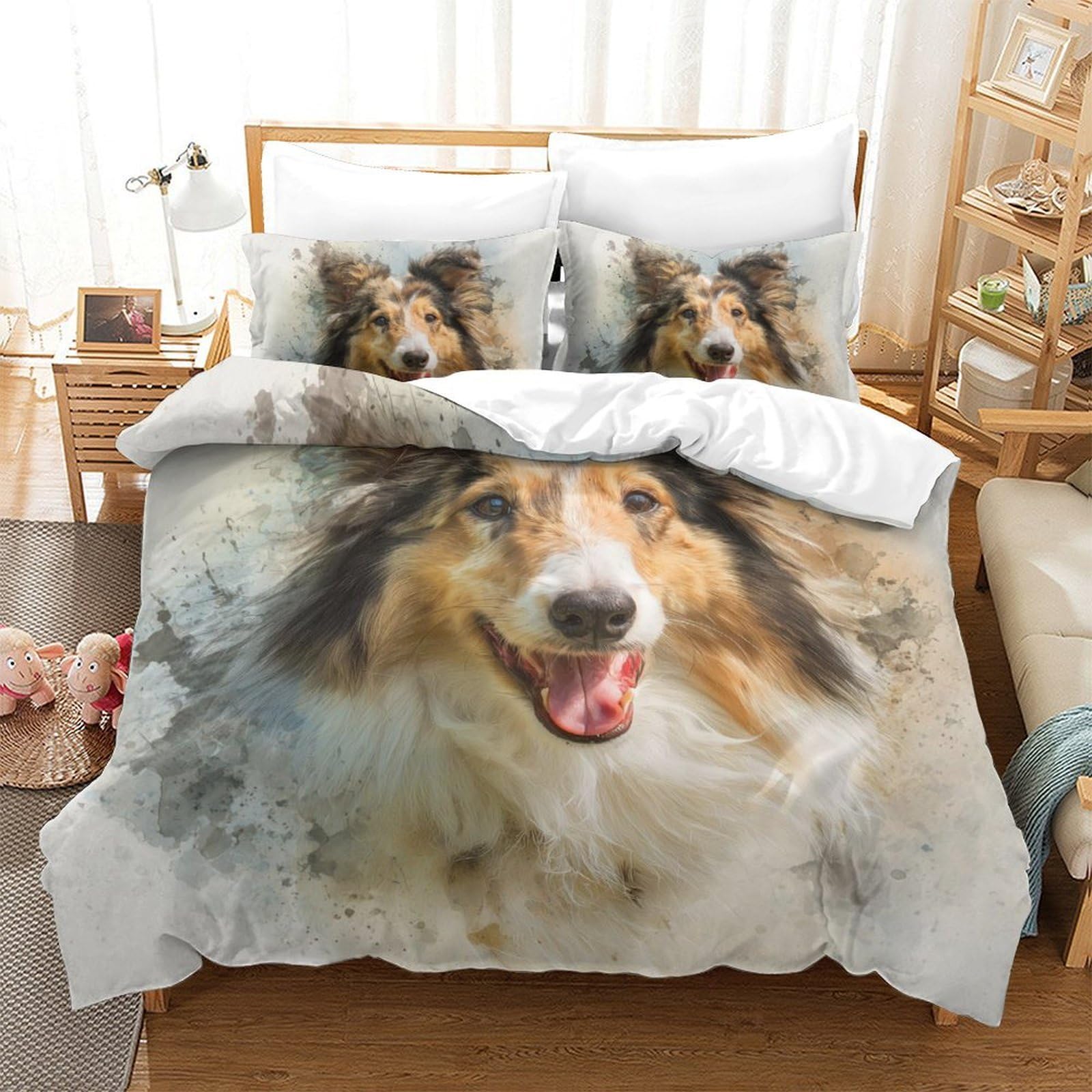 Housse de couette et taies d'oreiller motif chien Berger des Shetland pour lit une personne