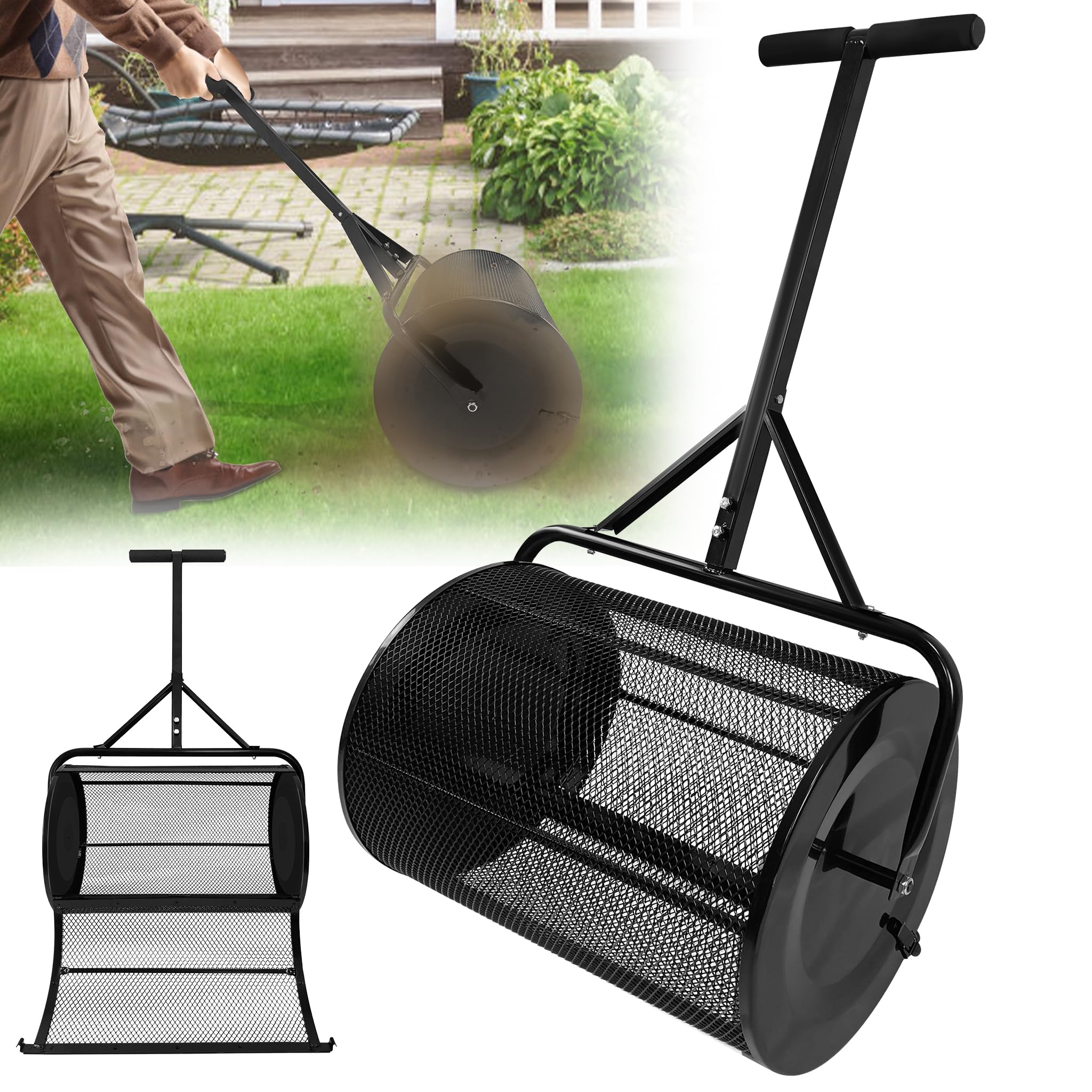 Rozsiewacz kompostowy z metalu, 80 l, z koszem siatkowym, regulowany, z wyściełanym uchwytem w kształcie litery T, Ø 40 x 65 cm, do kompostu, nawozu i torfu w ogrodzie