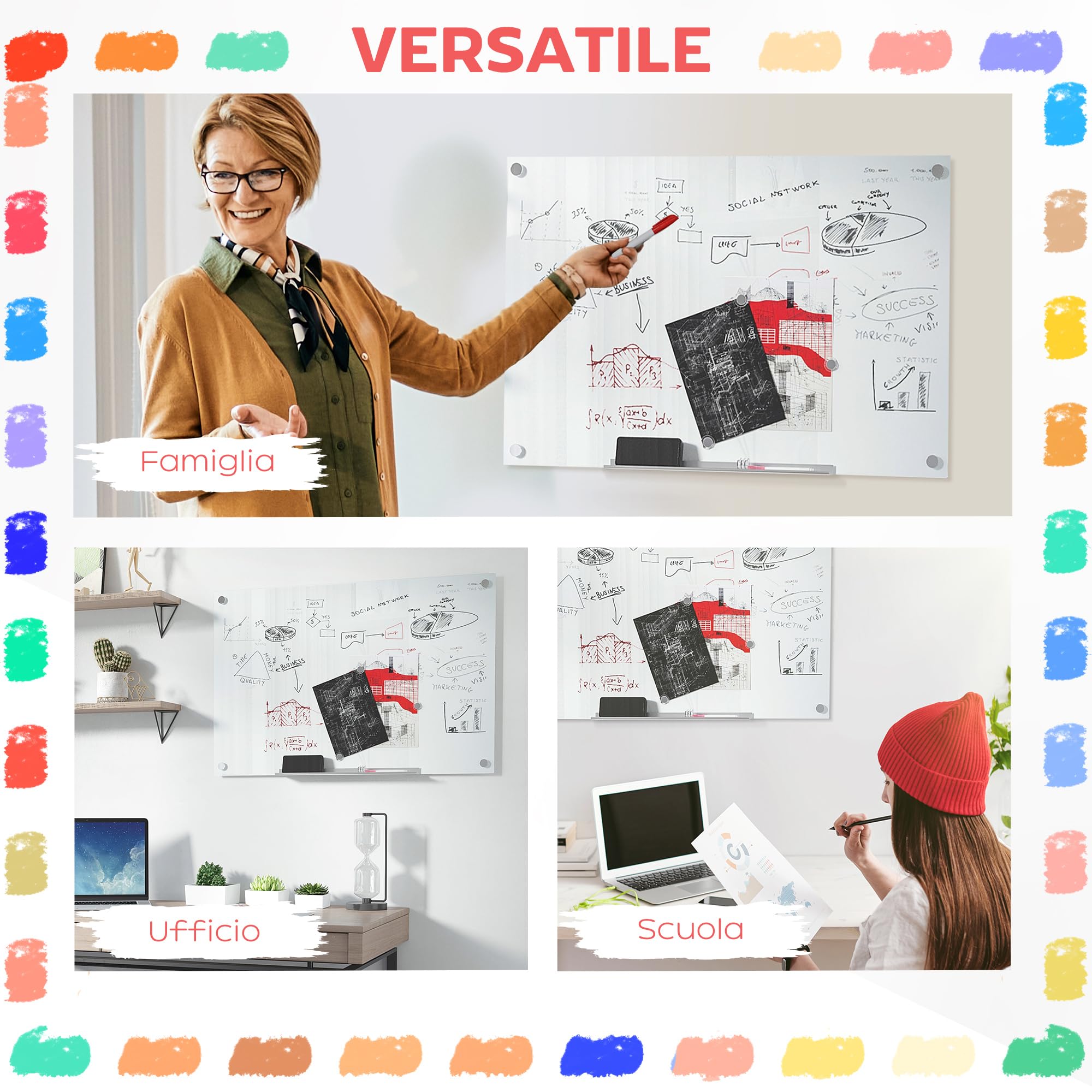Vinsetto tablica magnetyczna ze szkła ściennego, 90 x 60 cm, z bezramową tacką na 4 markery, z łatwym montażem, biała