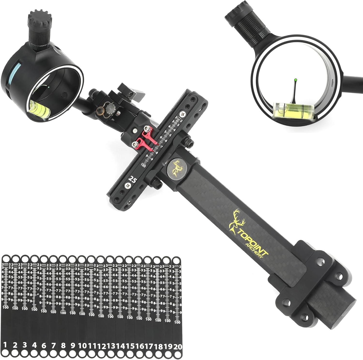 Compound Bow Sight 1 Pin,4X 6X 8X Lens, 0.019" Fiber, Carbon Fiber Long Bar, Micro Adjustable Sight Right-Hand High-end Competitive Outdoor