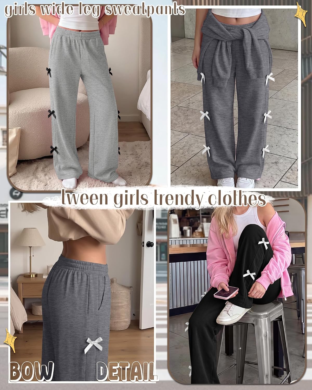 Yooo's Vivi 3 Pack Girls Wide Leg Sweatpants | Baggy Sweatpants with Pockets, Open Bottom Joggers, Casual Elastic Waist Pants, Back to School Wear for Girls 7-16 Years