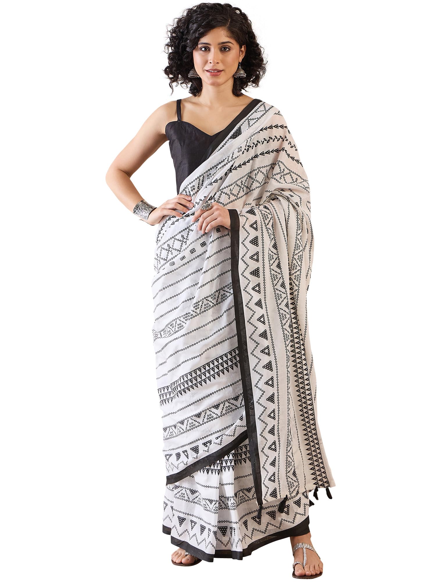 SAREE MALL Women's Cotton Ikat Printed Ready To Wear one Minute Saree With Blouse Piece
