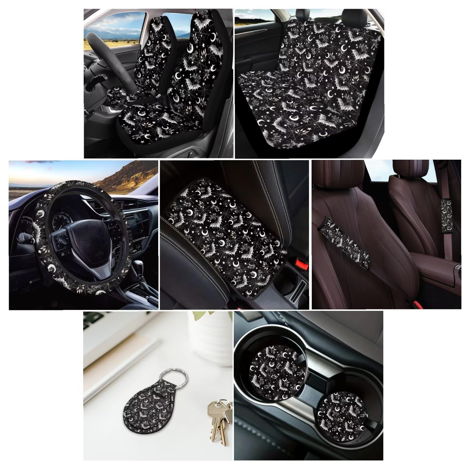 Set completo di coprisedili anteriori e posteriori per auto, con stampa di ragnatela, coprivolante e posteriore, per uomo, decorazione per interni auto, nero e grigio