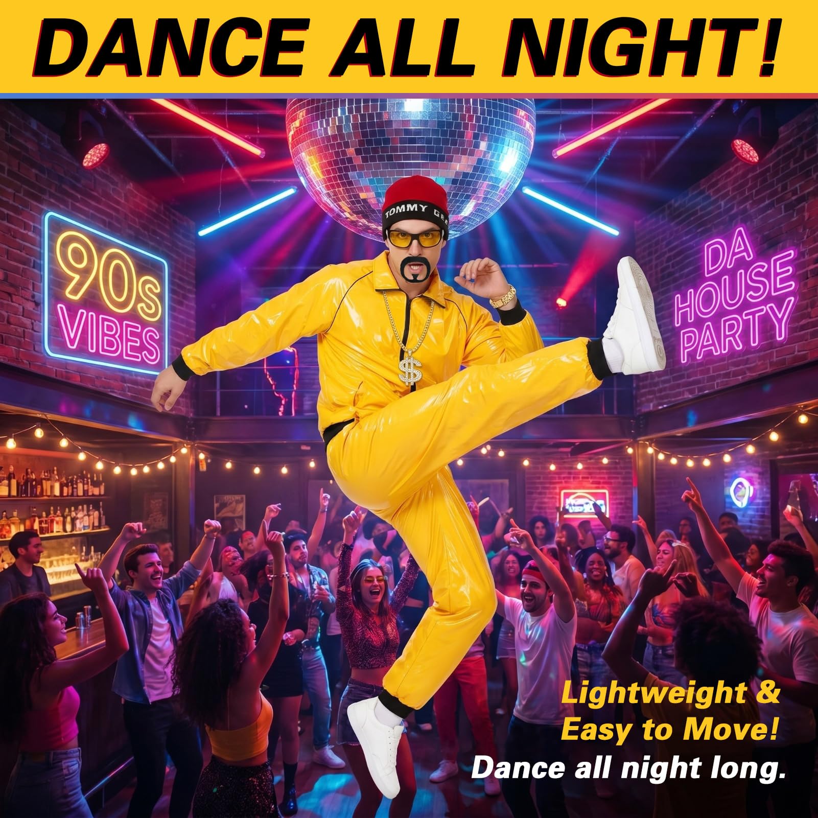 Disfraz de los años 90 para adultos, conjunto de concha amarilla de los años 80 y 90, disfraz de Ali G, divertido traje de rapero con collar, gafas y barba, juego de 6 piezas para fiesta de