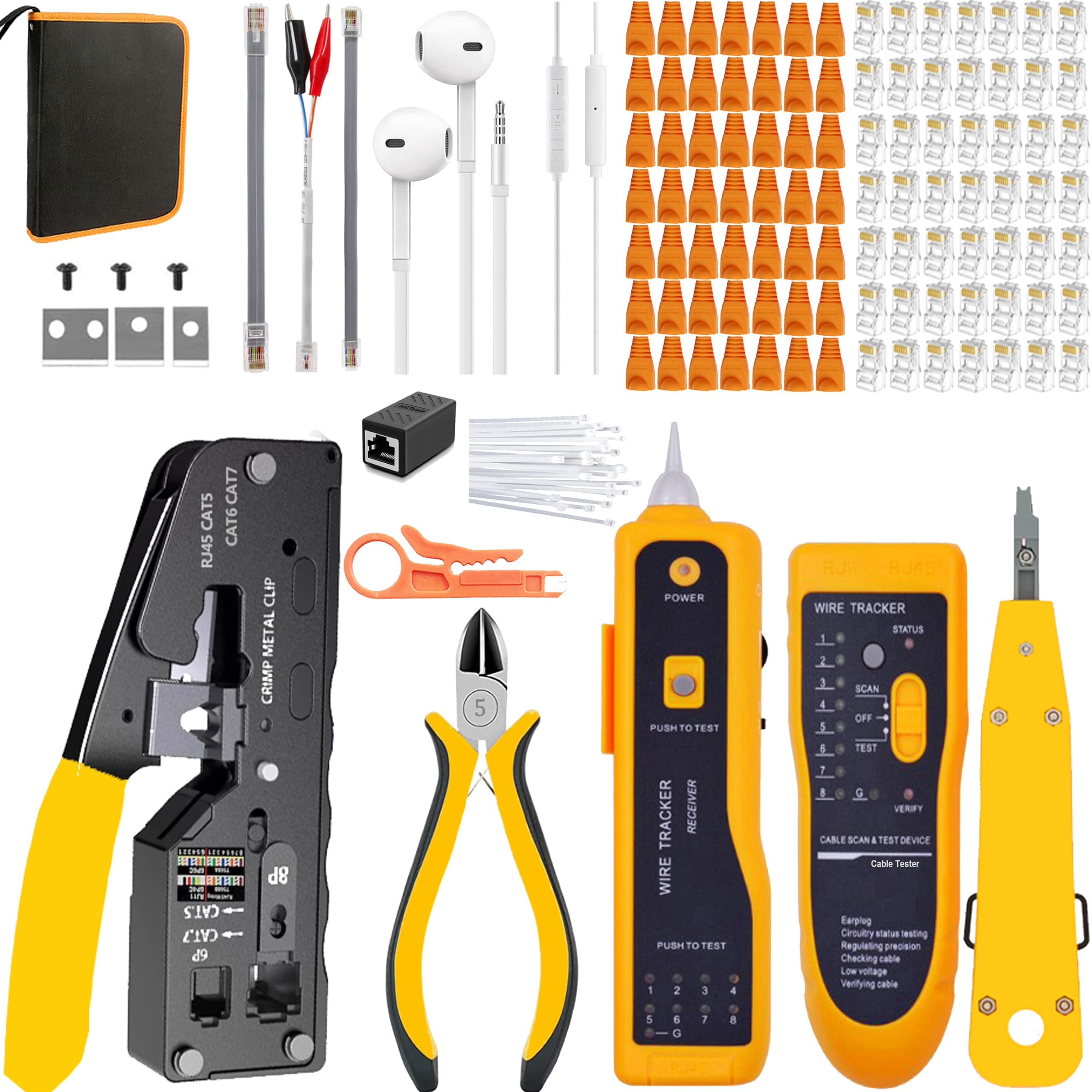 MAYLINE Kit d'outils de sertissage réseau RJ45, RJ11, dénudeur de détecteur de données LAN, testeur de câble Cat5 Cat6 8P 6P, kit de réparation de fil à dénuder, prise coaxiale RJ45/RJ12 (jaune)